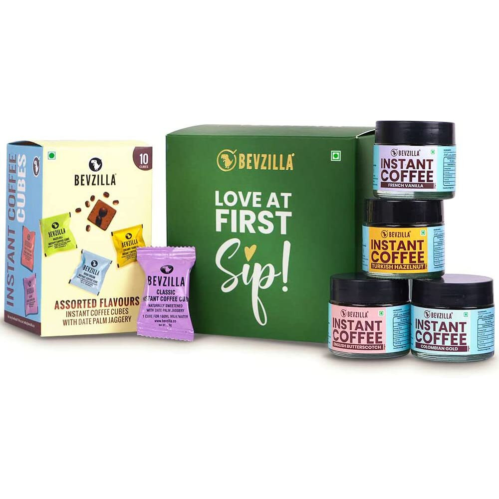 Bevzilla Gift Box Of Flavoured Instant Coffee Powder Pack of 4 (25 Grams Each) & Assorted Pack of 10 Coffee Cubes | Strong Coffee| Perrfect Fo Gifting | premium Coffee| 100% Arabica Coffee|With Date Palm Jaggery