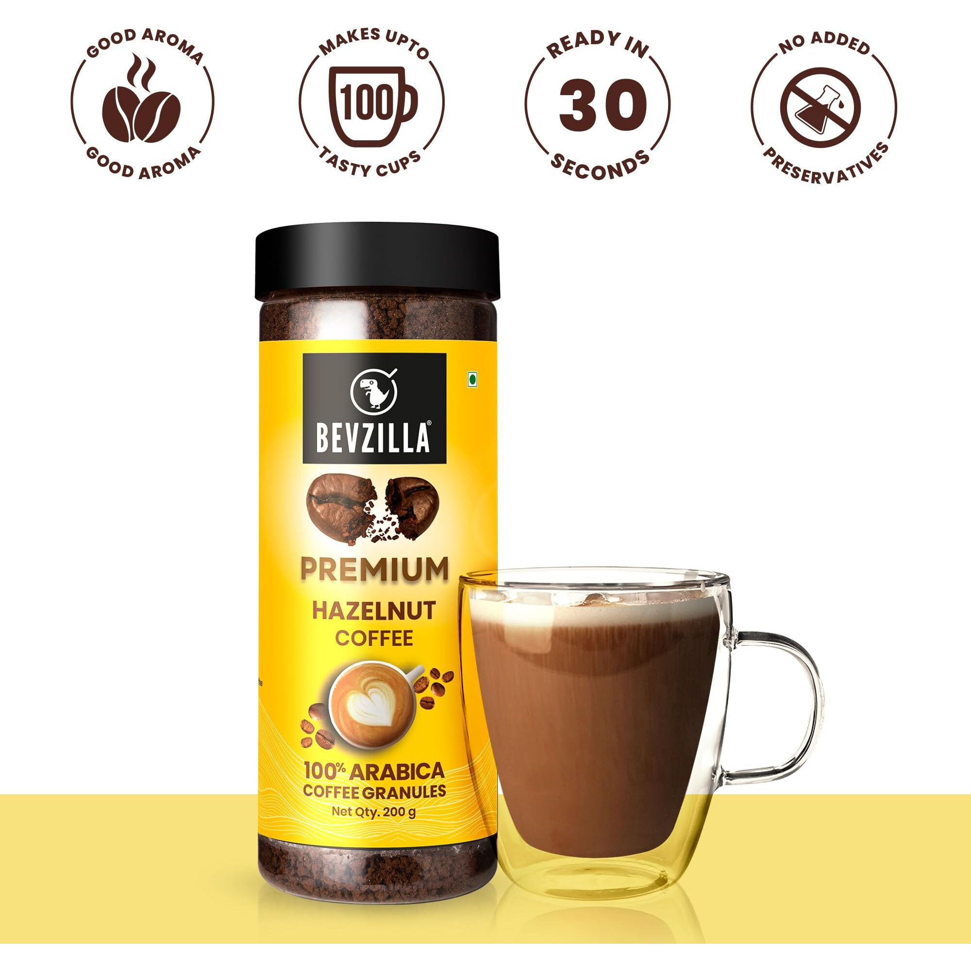 Bevzilla 200 Gram Instant (Hazelnut) Coffee Powder | Make 100 Cups | 100% Arabica| Strong Coffee| Espresso, Latte & Cappuccino | Hot & Cold Coffee | Unbreakable Jar