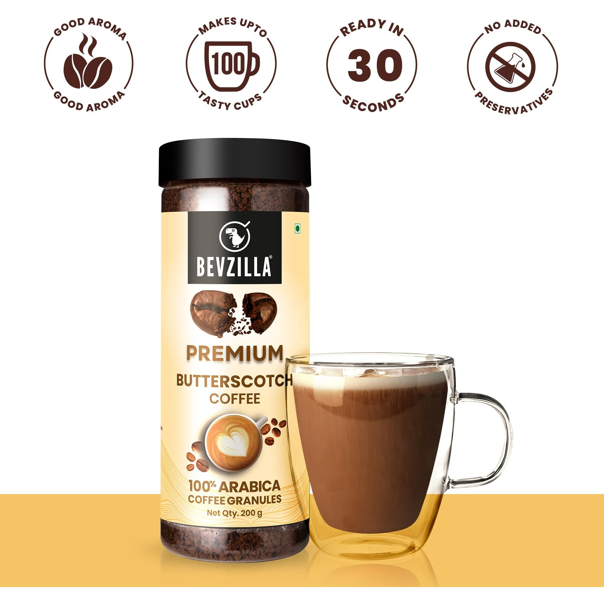 Bevzilla 200 Gram Instant (Butterscotch) Coffee Powder | Make 100 Cups | 100% Arabica |Strong Coffee| Classic Coffee| Espresso, Latte & Cappucino| Hot & Cold Coffee | Unbreakable Jar