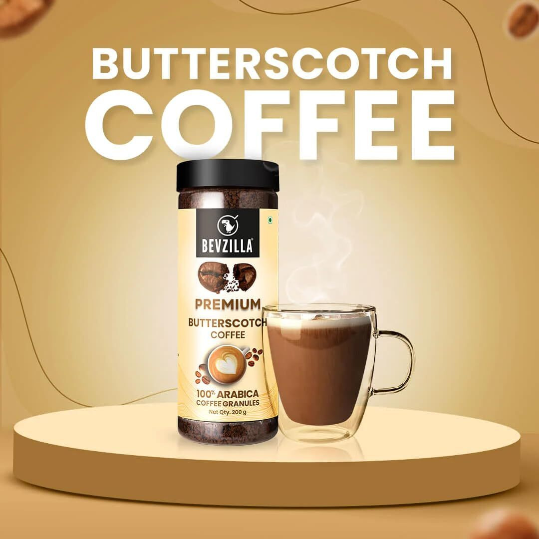 Bevzilla 200 Gram Instant (Butterscotch) Coffee Powder | Make 100 Cups | 100% Arabica |Strong Coffee| Classic Coffee| Espresso, Latte & Cappucino| Hot & Cold Coffee | Unbreakable Jar
