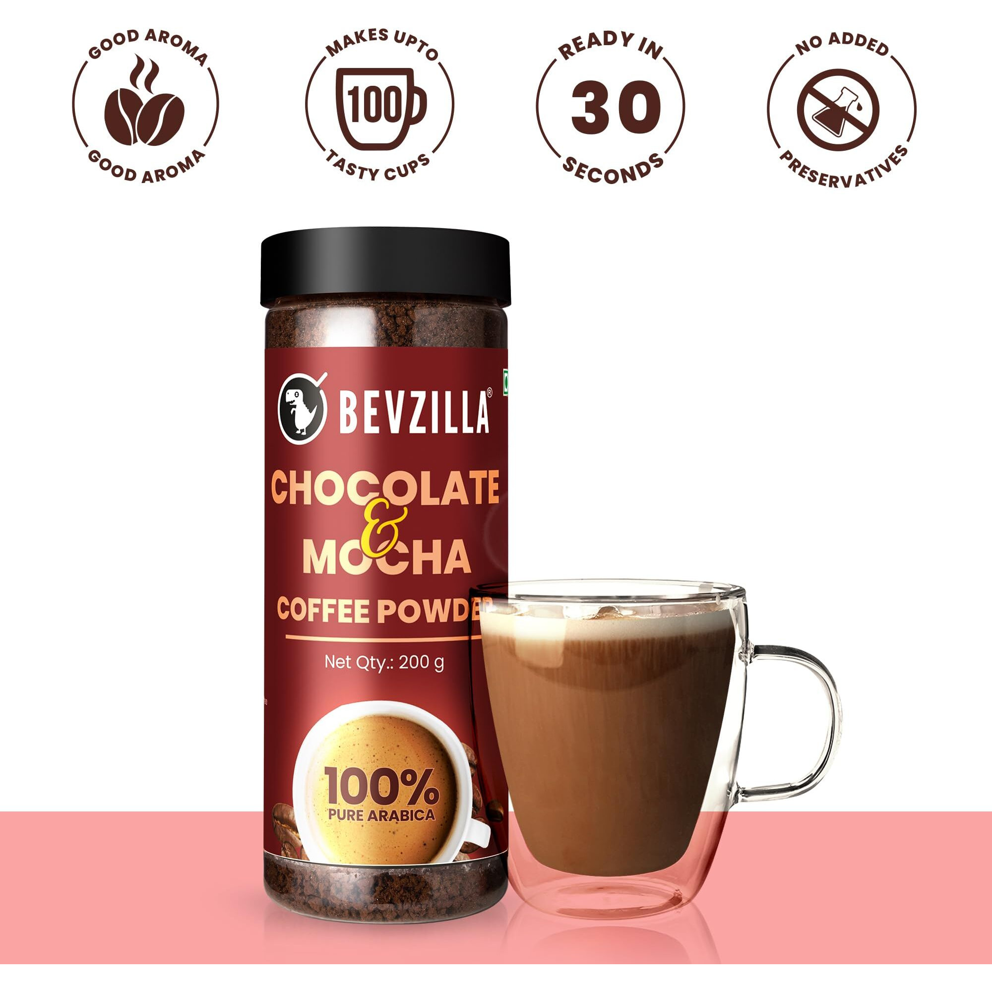Bevzilla 200 Gram Instant (Choco-Mocha) Coffee Powder | Make 100 Cups | 100% Arabica |Strong Coffee| Classic Coffee| Espresso, Latte & Cappuccino | Hot & Cold Coffee | Unbreakable Jar