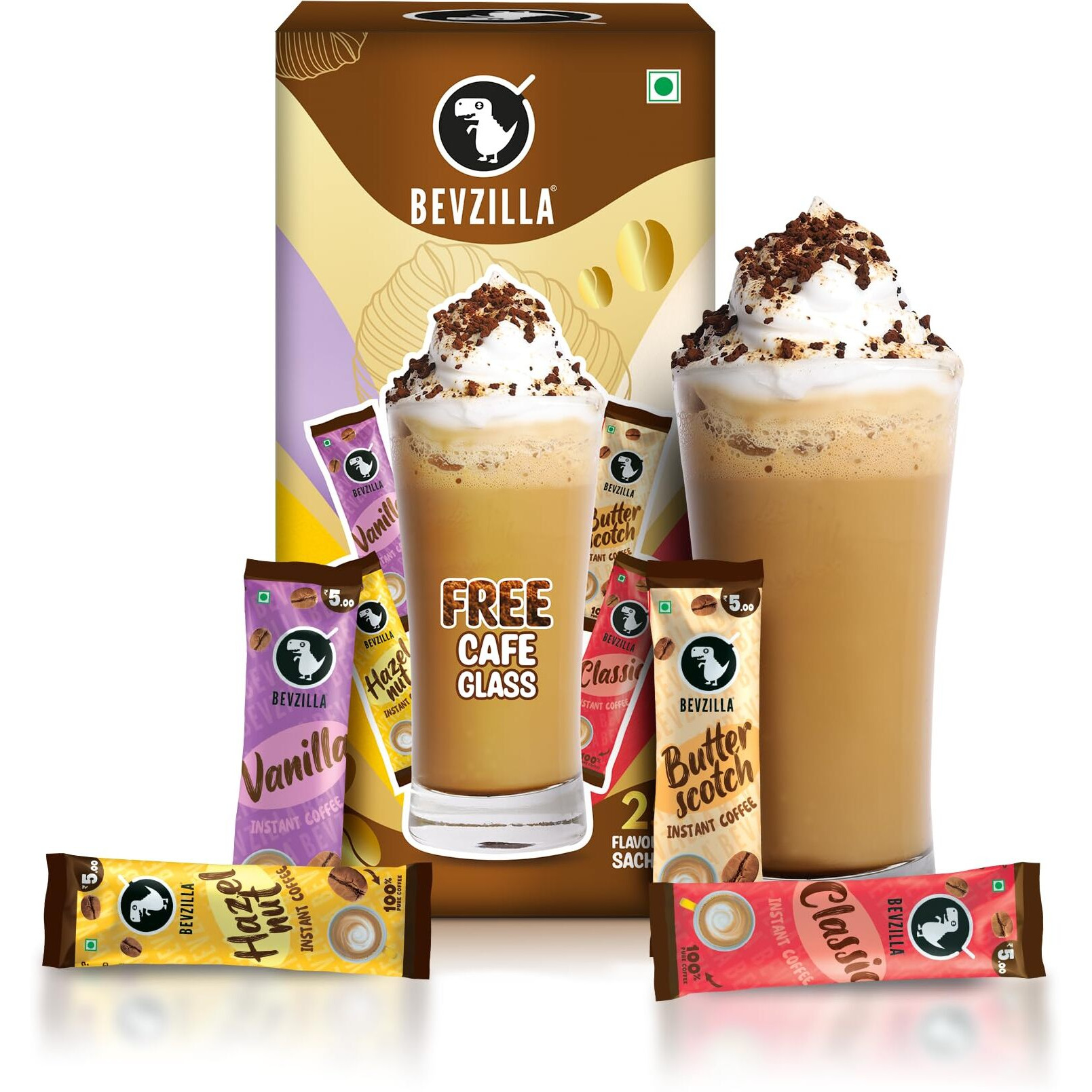 Bevzilla Premium Glass & 25 Flavoured Coffee Sachets Box |Makes 25 Cups Of Coffee| Butterscotch, Classic, French Vanilla & Turkish Hazelnut Flavour| Preimum Gift Box| Strong Coffee