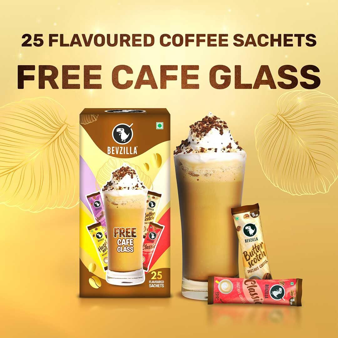 Bevzilla Premium Glass & 25 Flavoured Coffee Sachets Box |Makes 25 Cups Of Coffee| Butterscotch, Classic, French Vanilla & Turkish Hazelnut Flavour| Preimum Gift Box| Strong Coffee