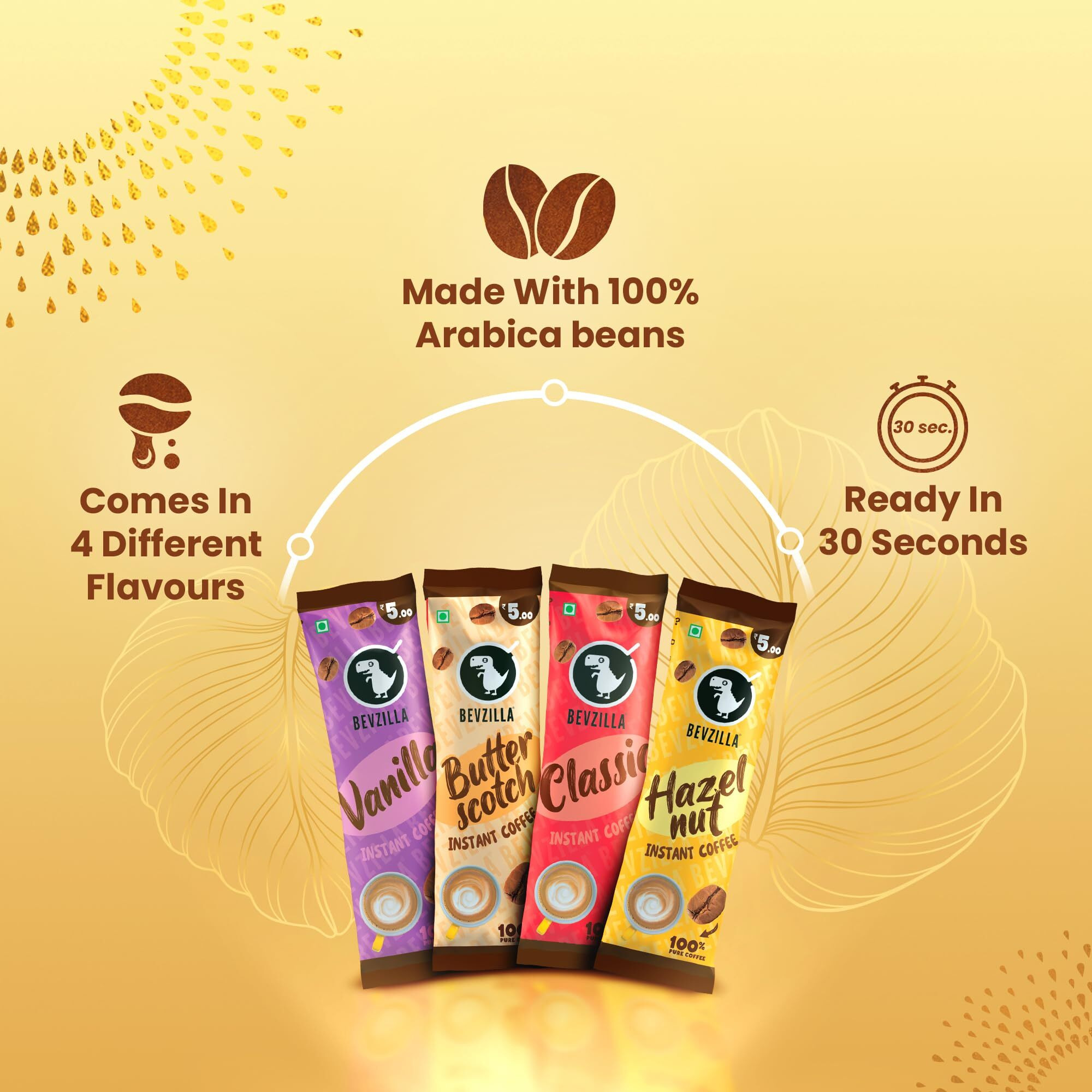 Bevzilla Premium Glass & 25 Flavoured Coffee Sachets Box |Makes 25 Cups Of Coffee| Butterscotch, Classic, French Vanilla & Turkish Hazelnut Flavour| Preimum Gift Box| Strong Coffee