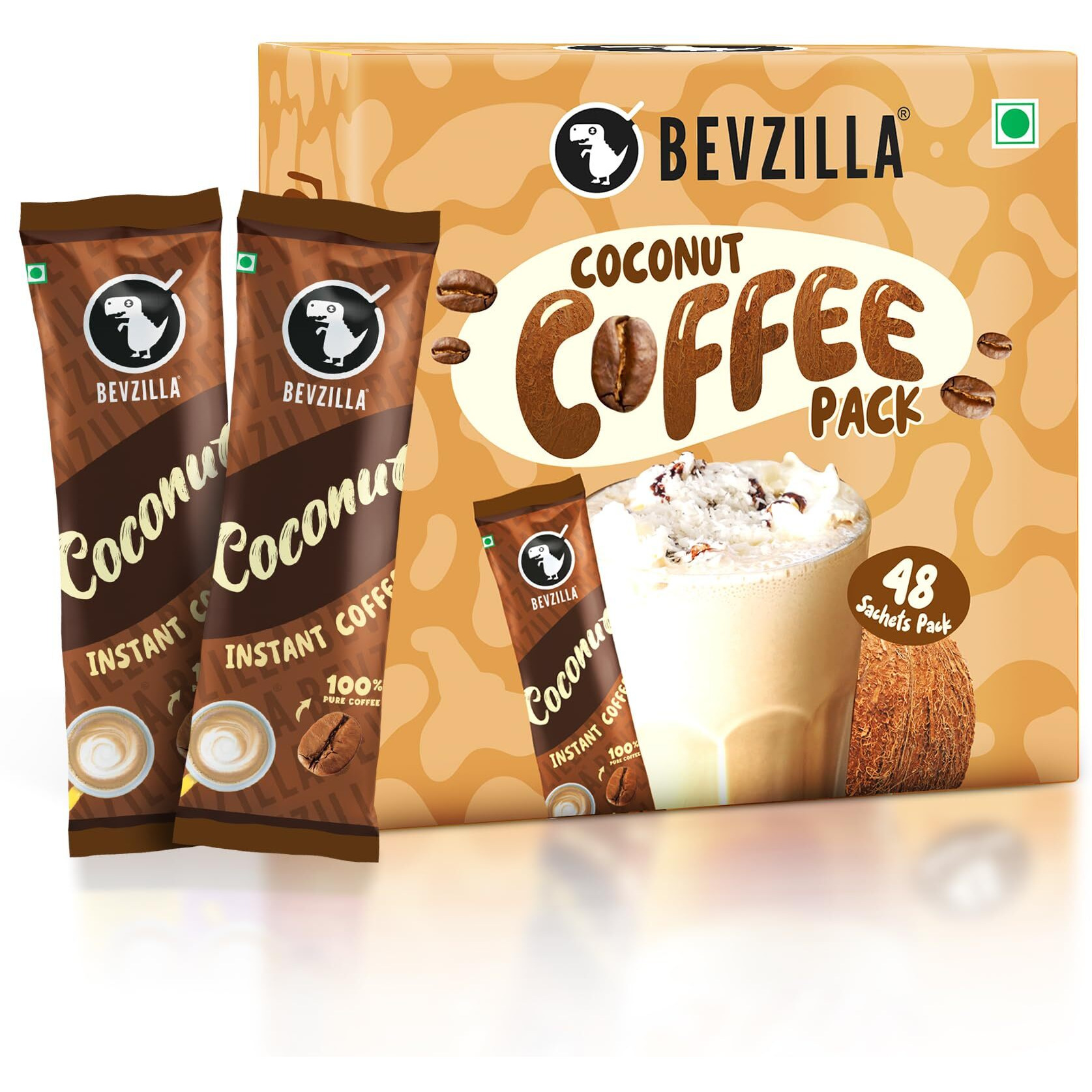 Bevzilla 48 Instant Coffee Powder Sachets (Coconut) - 96 Grams| Hot & Cold Coffee| Makes 48 Cups| 100% Arabica Coffee| Strong Coffee| Easy To Carry| Best Coffee| Espresso, Latte, Cappuccino