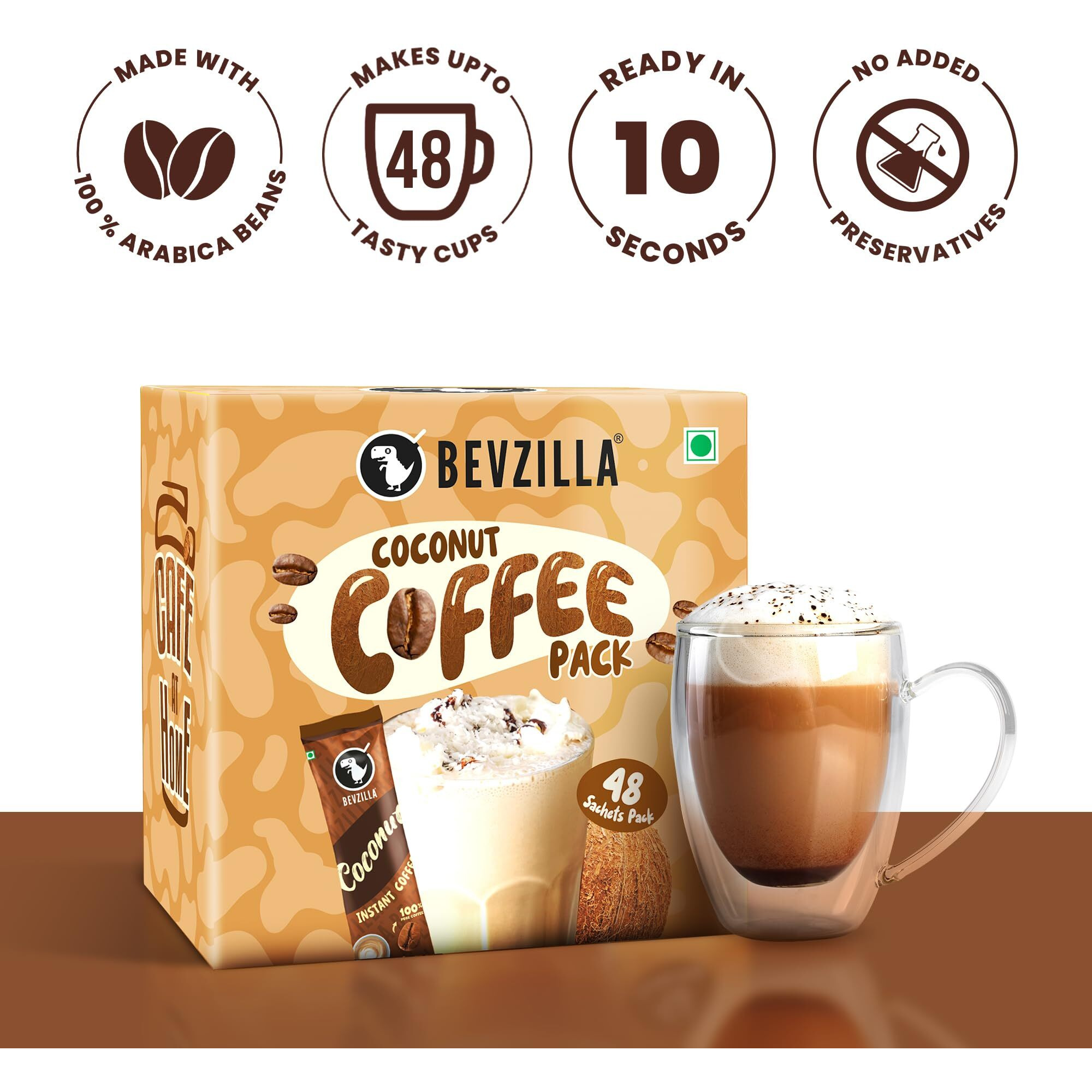 Bevzilla 48 Instant Coffee Powder Sachets (Coconut) - 96 Grams| Hot & Cold Coffee| Makes 48 Cups| 100% Arabica Coffee| Strong Coffee| Easy To Carry| Best Coffee| Espresso, Latte, Cappuccino