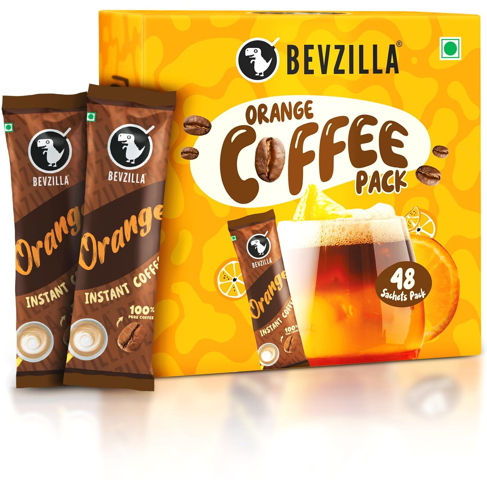 Bevzilla 48 Instant Coffee Powder Sachets (Orange) - 96 Grams| Hot & Cold Coffee| Makes 48 Cups| 100% Arabica Coffee| Strong Coffee| Easy To Carry| Best Coffee| Espresso, Latte, Cappuccino
