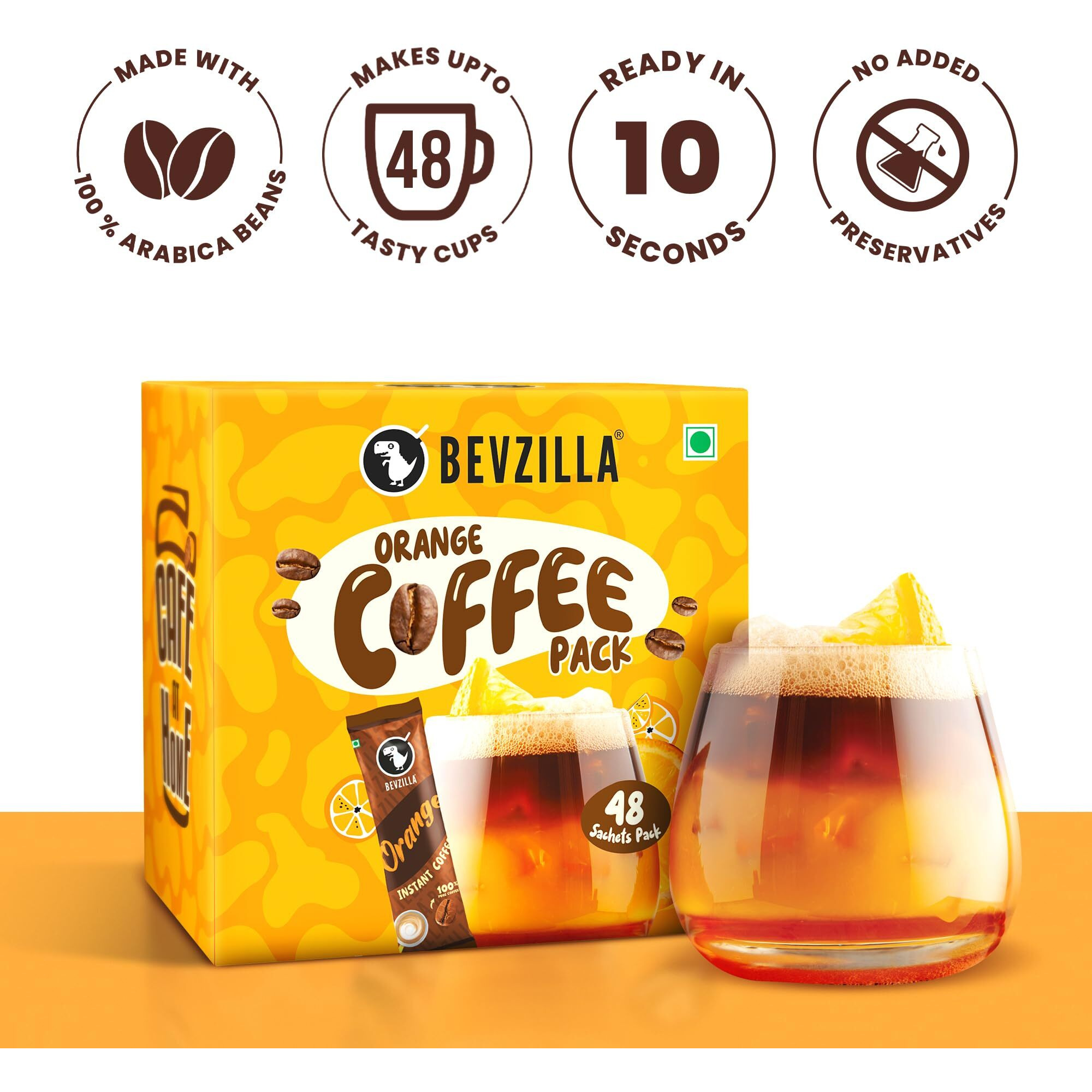 Bevzilla 48 Instant Coffee Powder Sachets (Orange) - 96 Grams| Hot & Cold Coffee| Makes 48 Cups| 100% Arabica Coffee| Strong Coffee| Easy To Carry| Best Coffee| Espresso, Latte, Cappuccino
