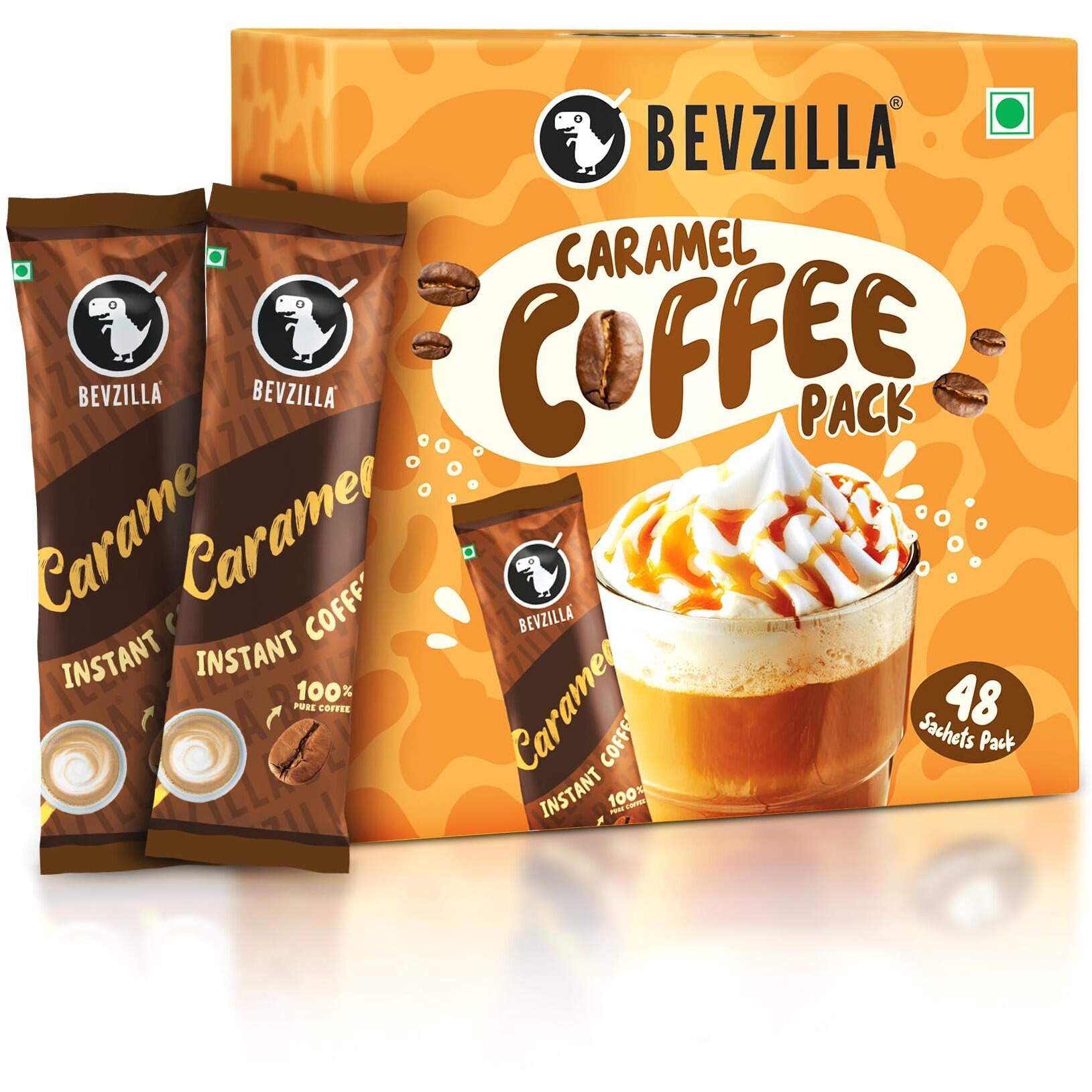 Bevzilla 48 Instant Coffee Powder Sachets (Caramel) - 96 Grams| Hot & Cold Coffee| Makes 48 Cups| 100% Arabica Coffee| Strong Coffee| Easy To Carry| Best Coffee| Espresso, Latte, Cappuccino