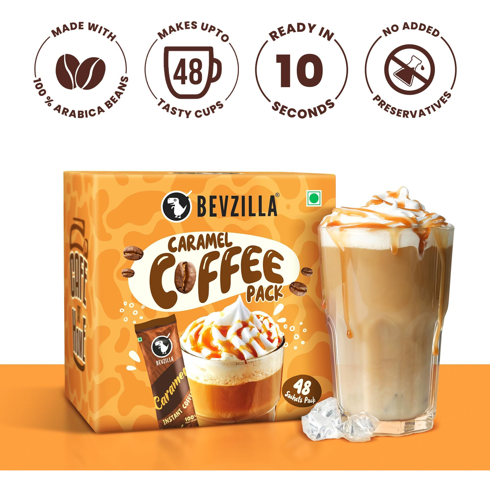 Bevzilla 48 Instant Coffee Powder Sachets (Caramel) - 96 Grams| Hot & Cold Coffee| Makes 48 Cups| 100% Arabica Coffee| Strong Coffee| Easy To Carry| Best Coffee| Espresso, Latte, Cappuccino