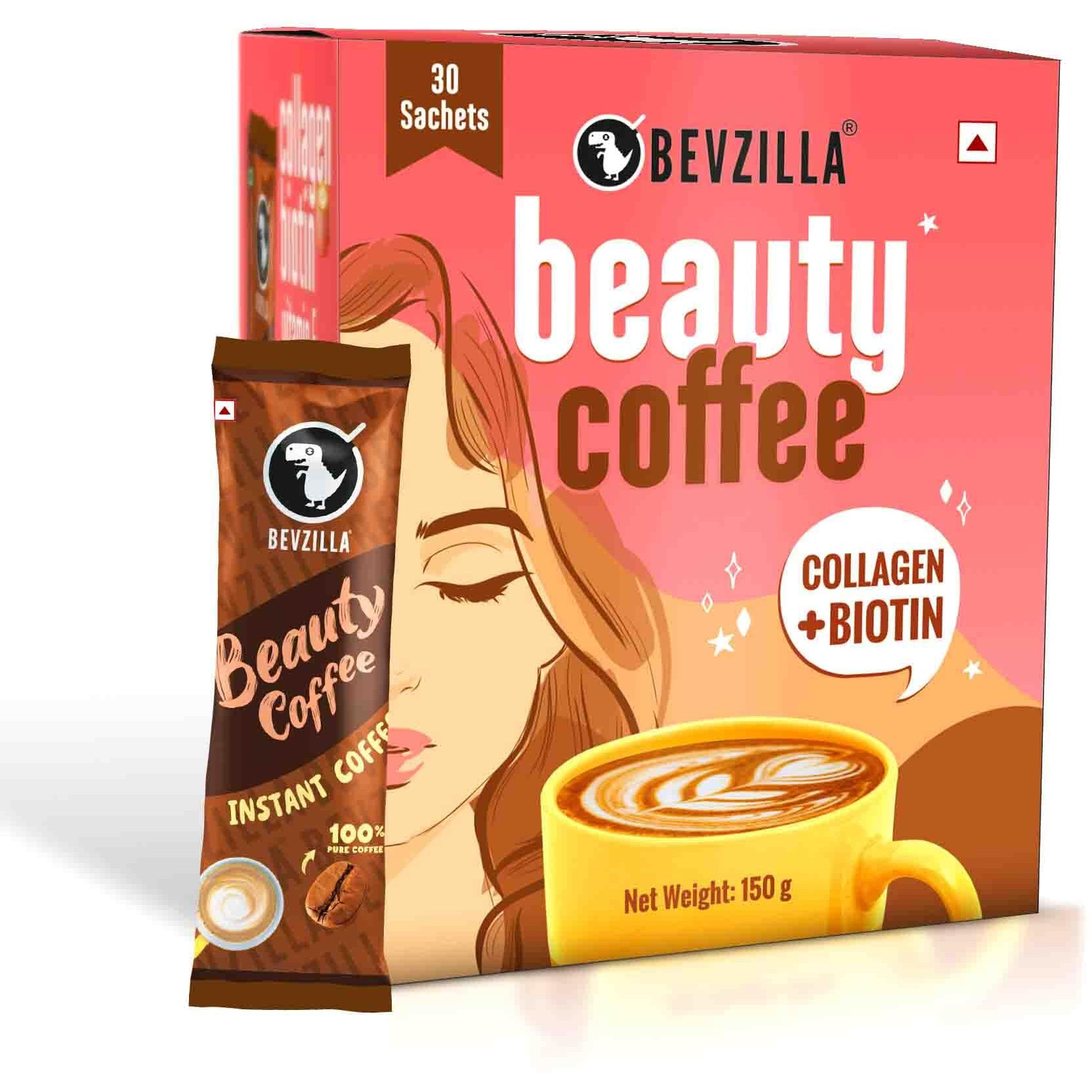 Bevzilla 30 Instant Beauty Coffee Infused with Marine Collagen, Biotin & Vitamin E Powder Sachets (30 X 5 Gram Sachets) Makes 30 Cups | 100% Arabica Coffee | Strong & Easy to Carry | Best for Espresso, Latte, Cappuccino