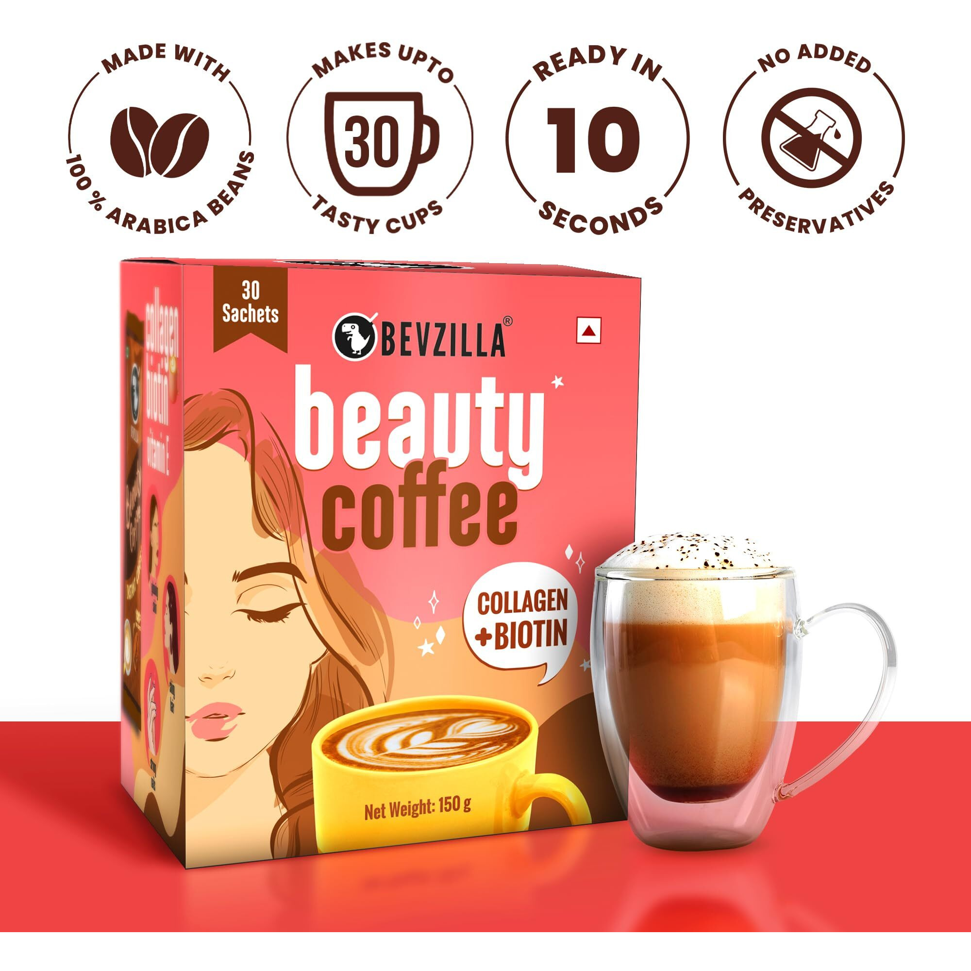 Bevzilla 30 Instant Beauty Coffee Infused with Marine Collagen, Biotin & Vitamin E Powder Sachets (30 X 5 Gram Sachets) Makes 30 Cups | 100% Arabica Coffee | Strong & Easy to Carry | Best for Espresso, Latte, Cappuccino