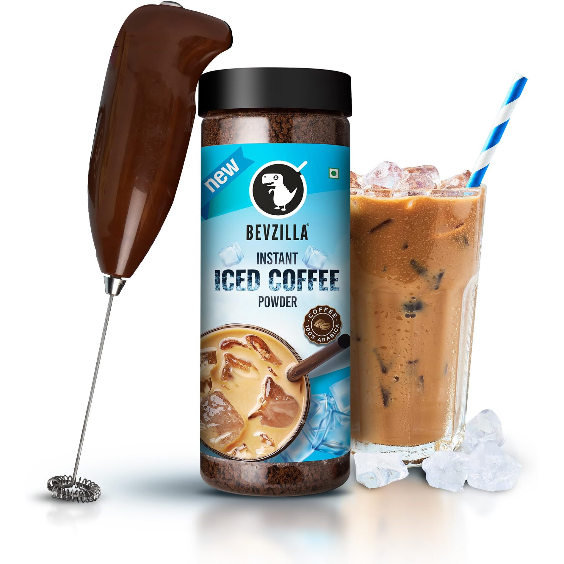 Bevzilla 200 Gram Instant Iced Coffee Powder & Frother Combo | Make 100 Cups | 100% Arabica Coffee | Cold Coffee | Unbreakable Jar