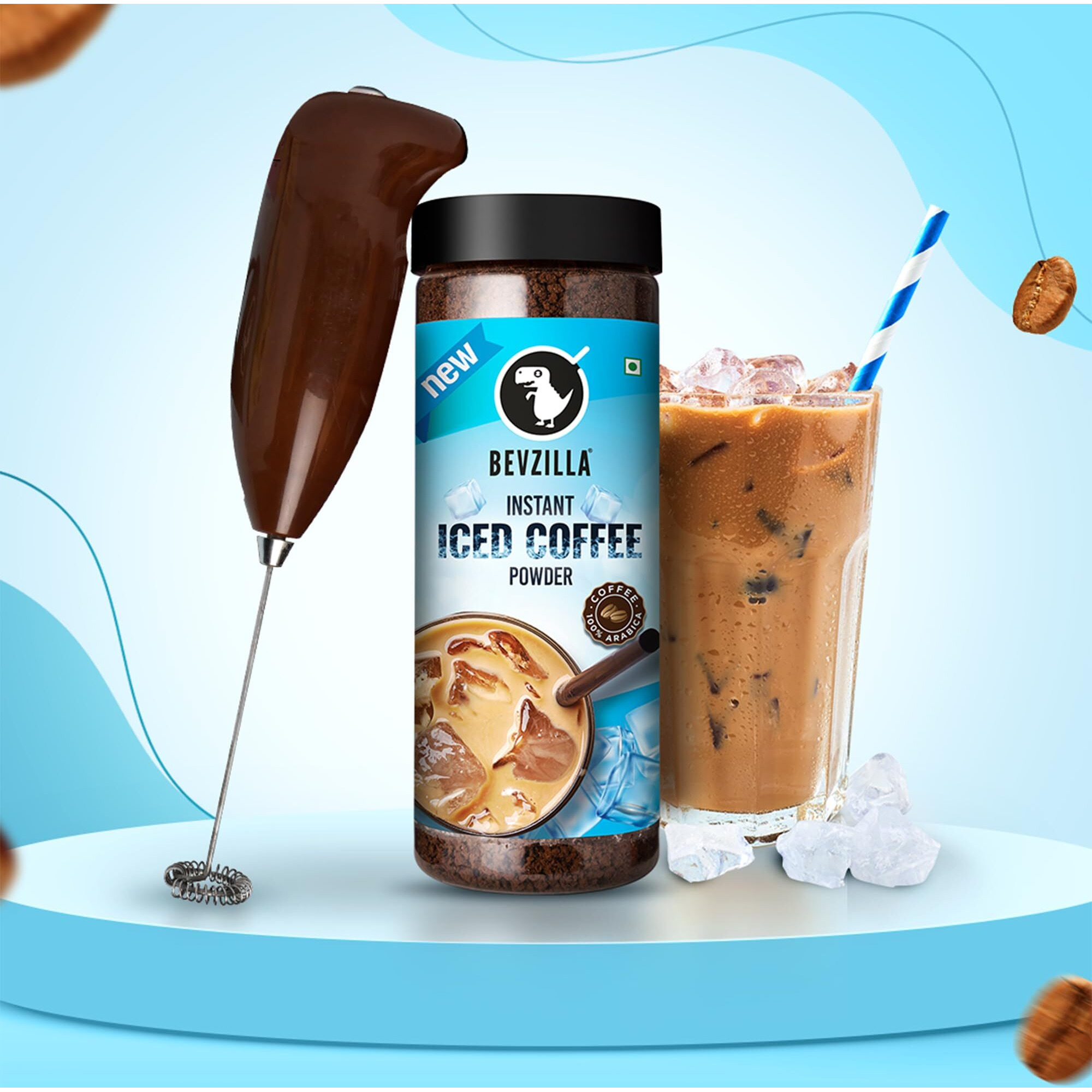 Bevzilla 200 Gram Instant Iced Coffee Powder & Frother Combo | Make 100 Cups | 100% Arabica Coffee | Cold Coffee | Unbreakable Jar