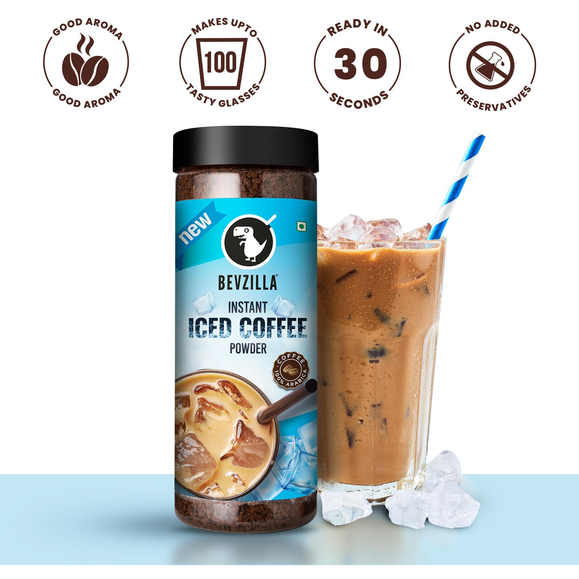 Bevzilla 200 Gram Instant Iced Coffee Powder & Frother Combo | Make 100 Cups | 100% Arabica Coffee | Cold Coffee | Unbreakable Jar