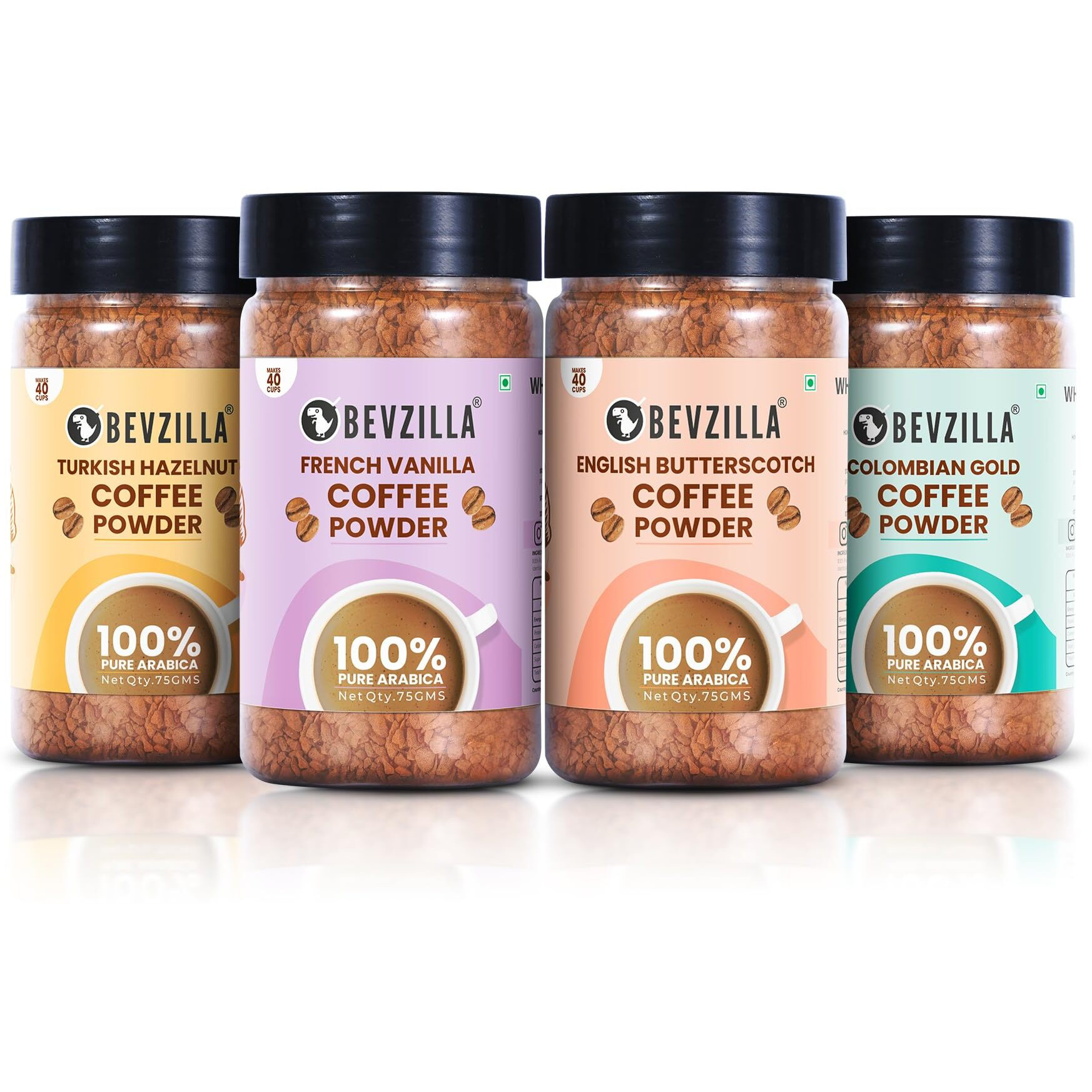 Bevzilla 75 Grams X 4 Flavoured Instant Coffee Powder Pack of Colombian Gold, Turkish Hazelnut, French Vanilla & English Butterscotch | 75 Gms Each | Bottle| Premium Arabica Instant Coffee