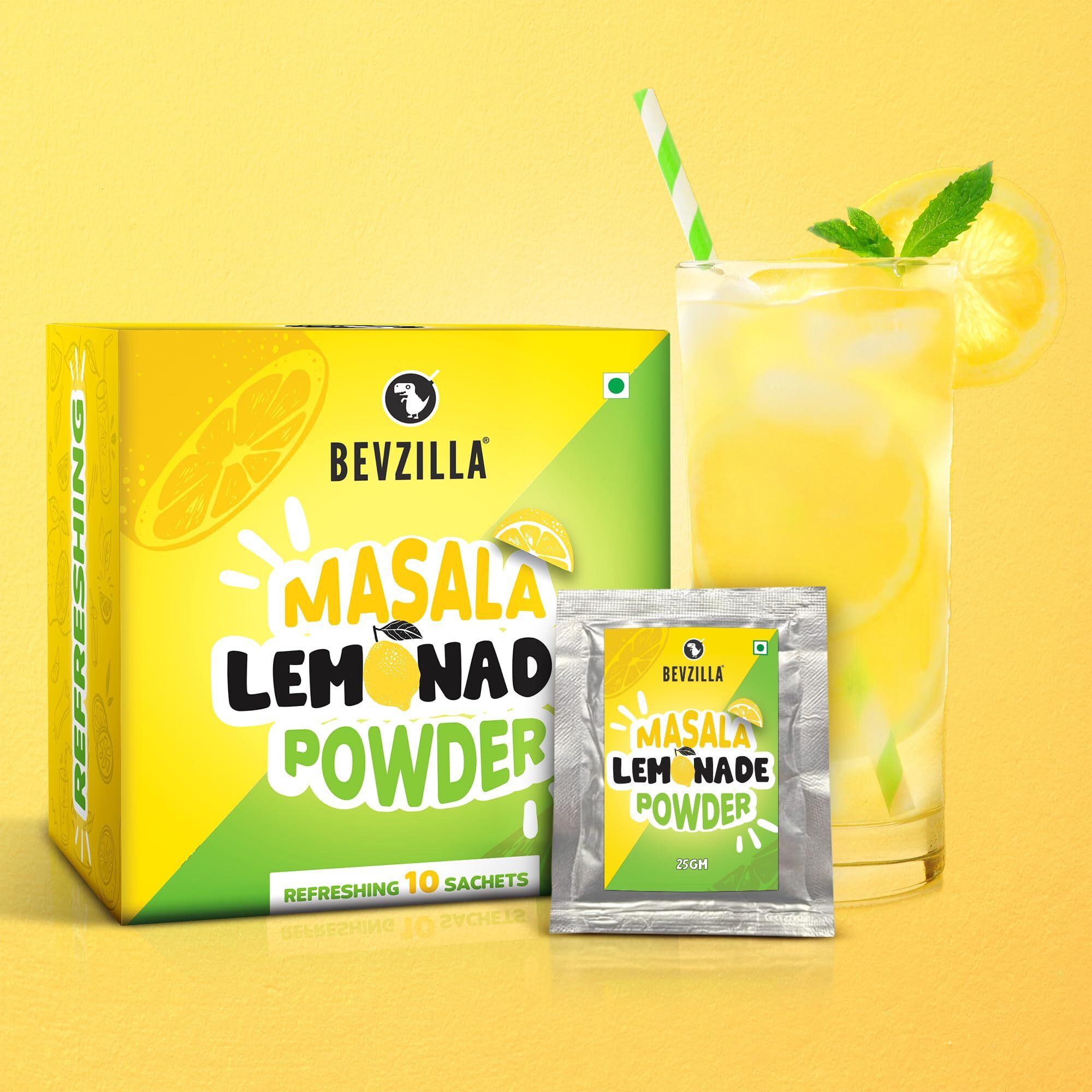 Bevzilla Masala Lemonade Infused with vitamin C | Handcrafted Instant Drink Premix | Refreshing Lemon Summer Drink | Makes upto 50 Glasses|25 * 10 Sachets | Easy to carry