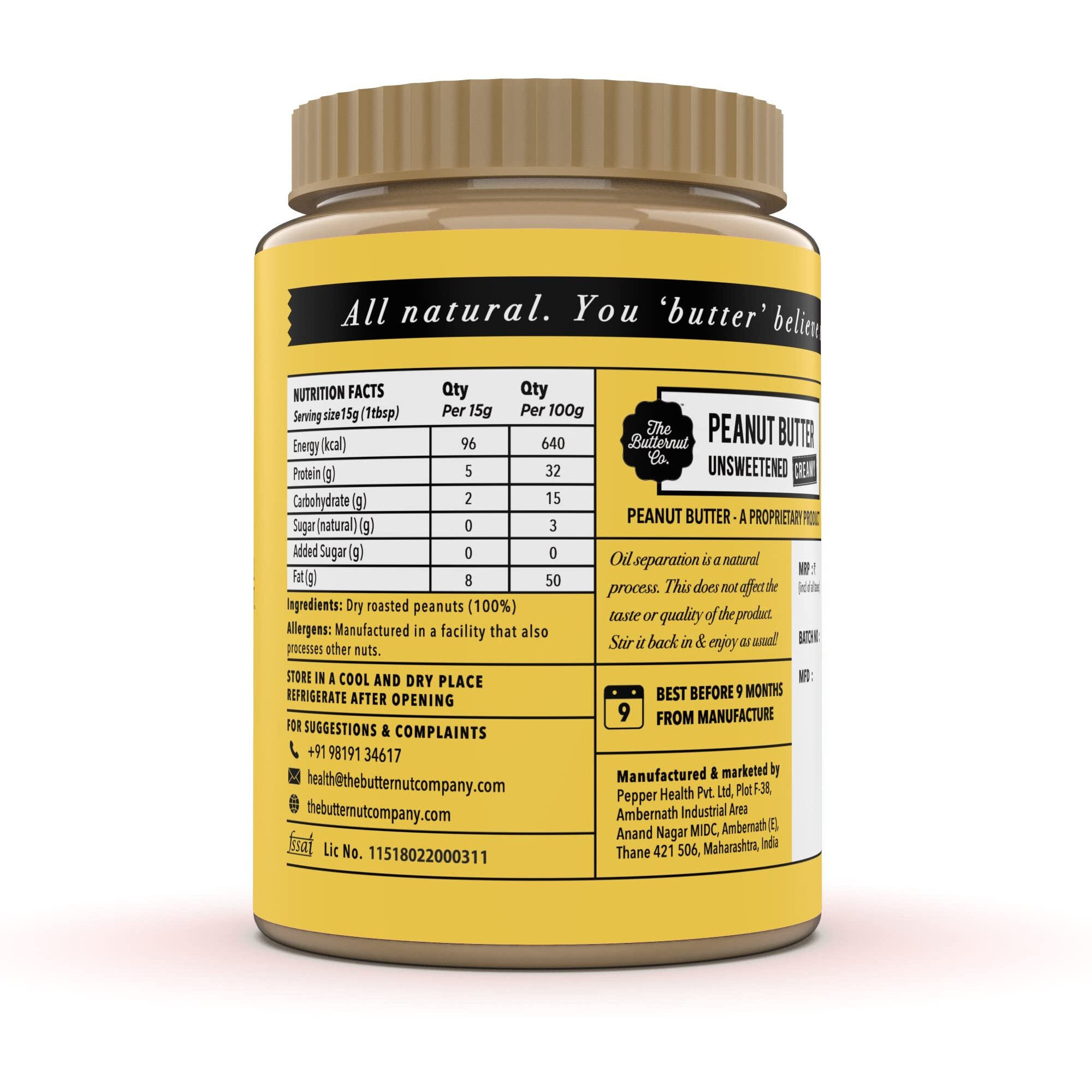 The Butternut Co. Natural Peanut Butter (Creamy) 800 gm, Unsweetened, 32g Protein, No Added Sugar, 100% Peanuts, No Salt, High Protein Peanut Butter, Gluten Free, Vegan, Cholesterol Free