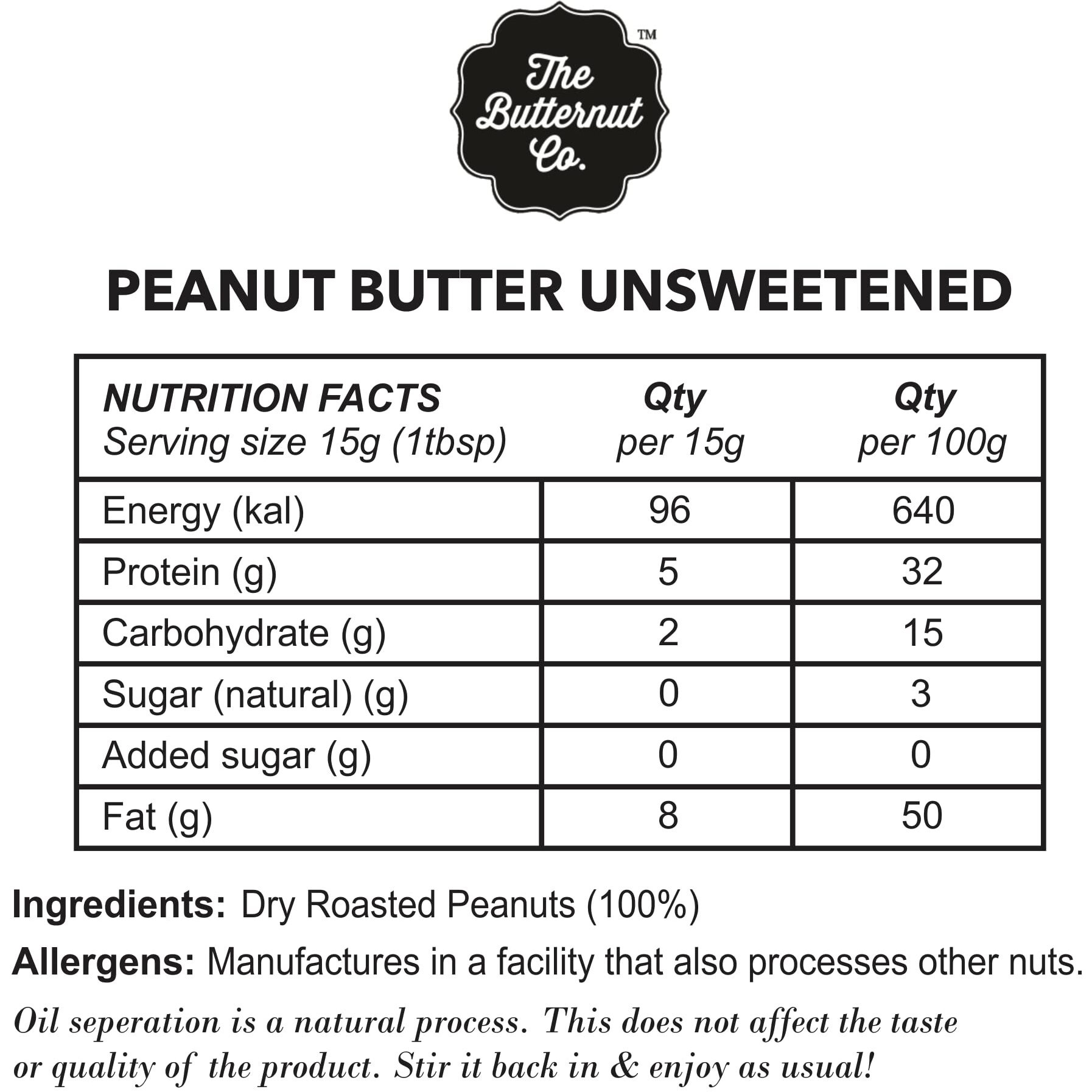 The Butternut Co. Natural Peanut Butter (Creamy) 800 gm, Unsweetened, 32g Protein, No Added Sugar, 100% Peanuts, No Salt, High Protein Peanut Butter, Gluten Free, Vegan, Cholesterol Free