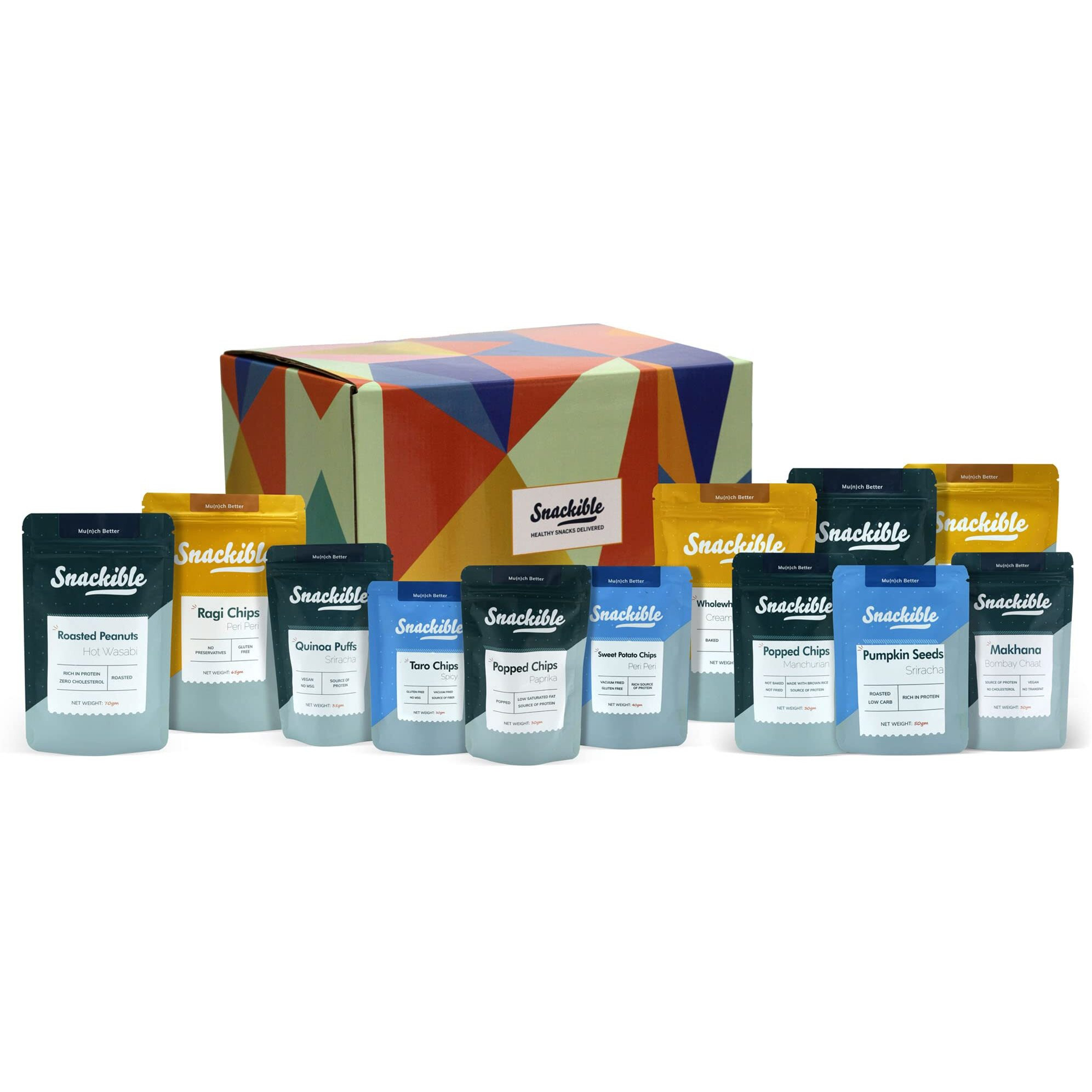 Snackible Savoury Box | Box of 12 Healthy Snacks | Vacuum Fried | Roasted | Puffed | Baked | Rich in Fibre | Gourmet Snack | Corporate Gift Hamper