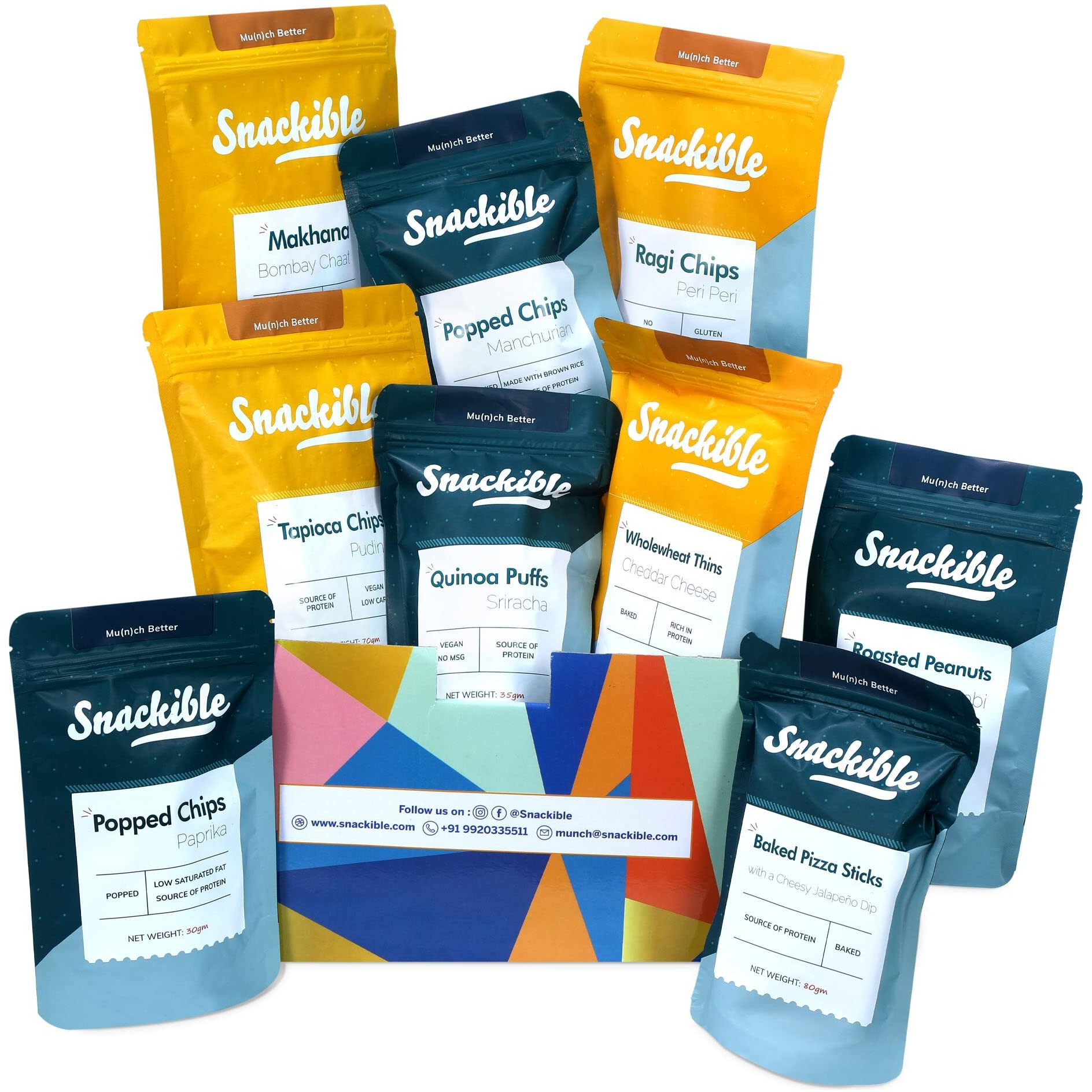 Snackible Savoury Box | Box of 12 Healthy Snacks | Vacuum Fried | Roasted | Puffed | Baked | Rich in Fibre | Gourmet Snack | Corporate Gift Hamper