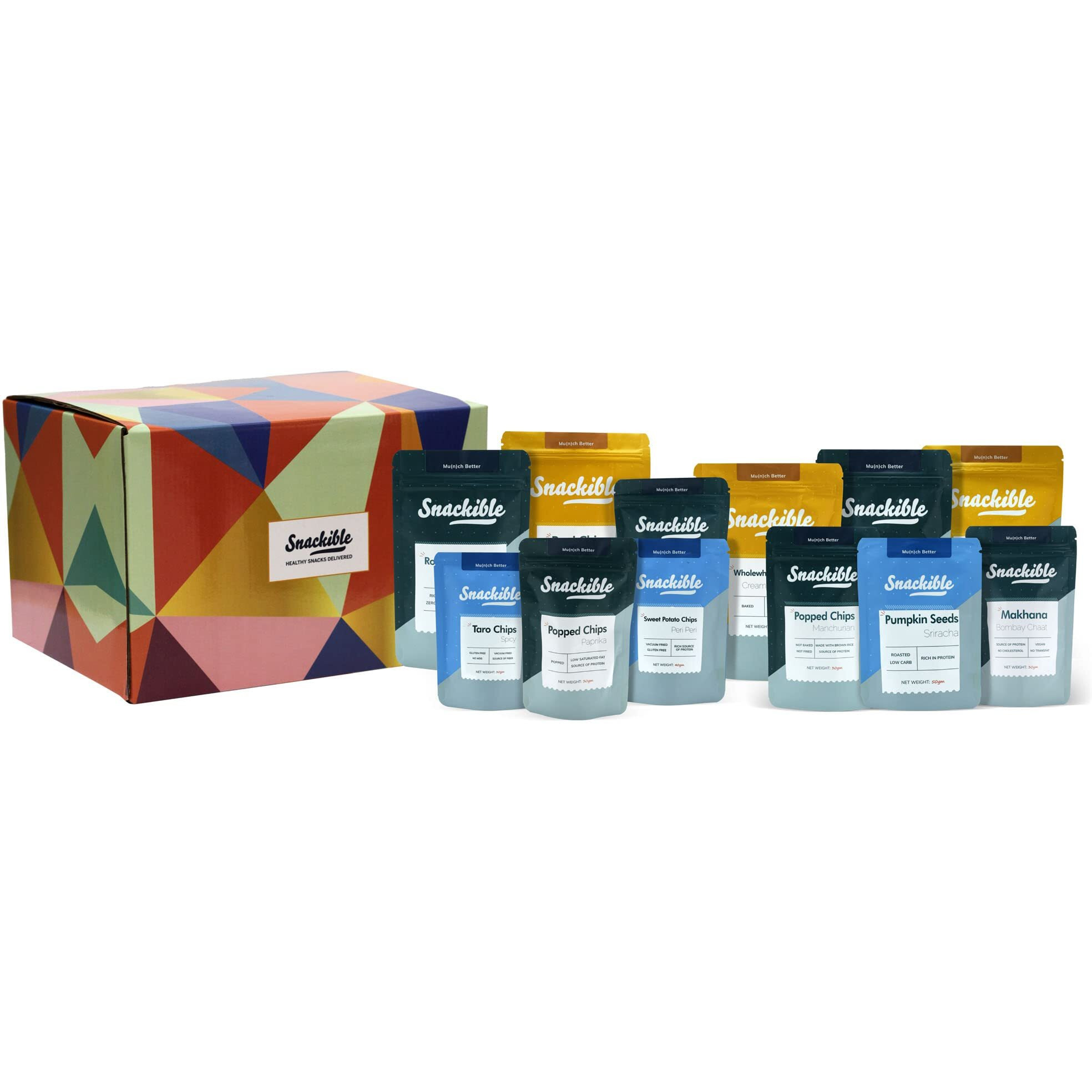 Snackible Savoury Box | Box of 12 Healthy Snacks | Vacuum Fried | Roasted | Puffed | Baked | Rich in Fibre | Gourmet Snack | Corporate Gift Hamper