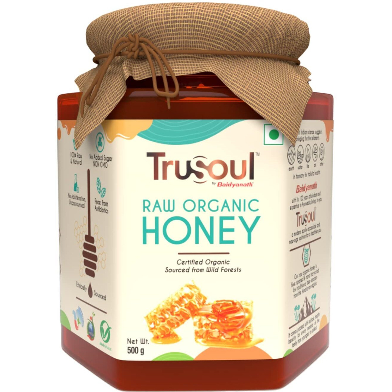 TruSoul by Baidyanath Raw Organic Honey | Sourced from Himalayas | 100% Raw & Natural | No Added Sugar | No Antibiotics | Non GMO | Unpasteurized (Pack of 1, 500 gms)