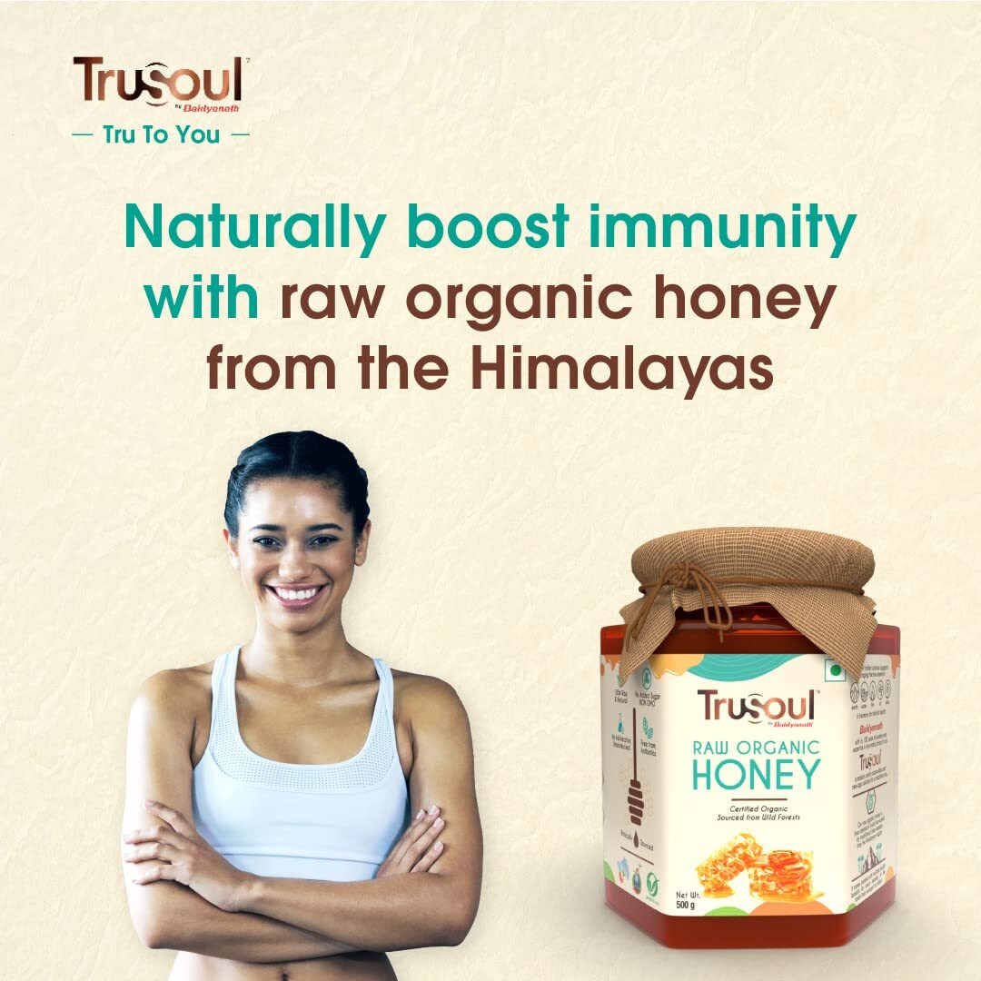TruSoul by Baidyanath Raw Organic Honey | Sourced from Himalayas | 100% Raw & Natural | No Added Sugar | No Antibiotics | Non GMO | Unpasteurized (Pack of 1, 500 gms)