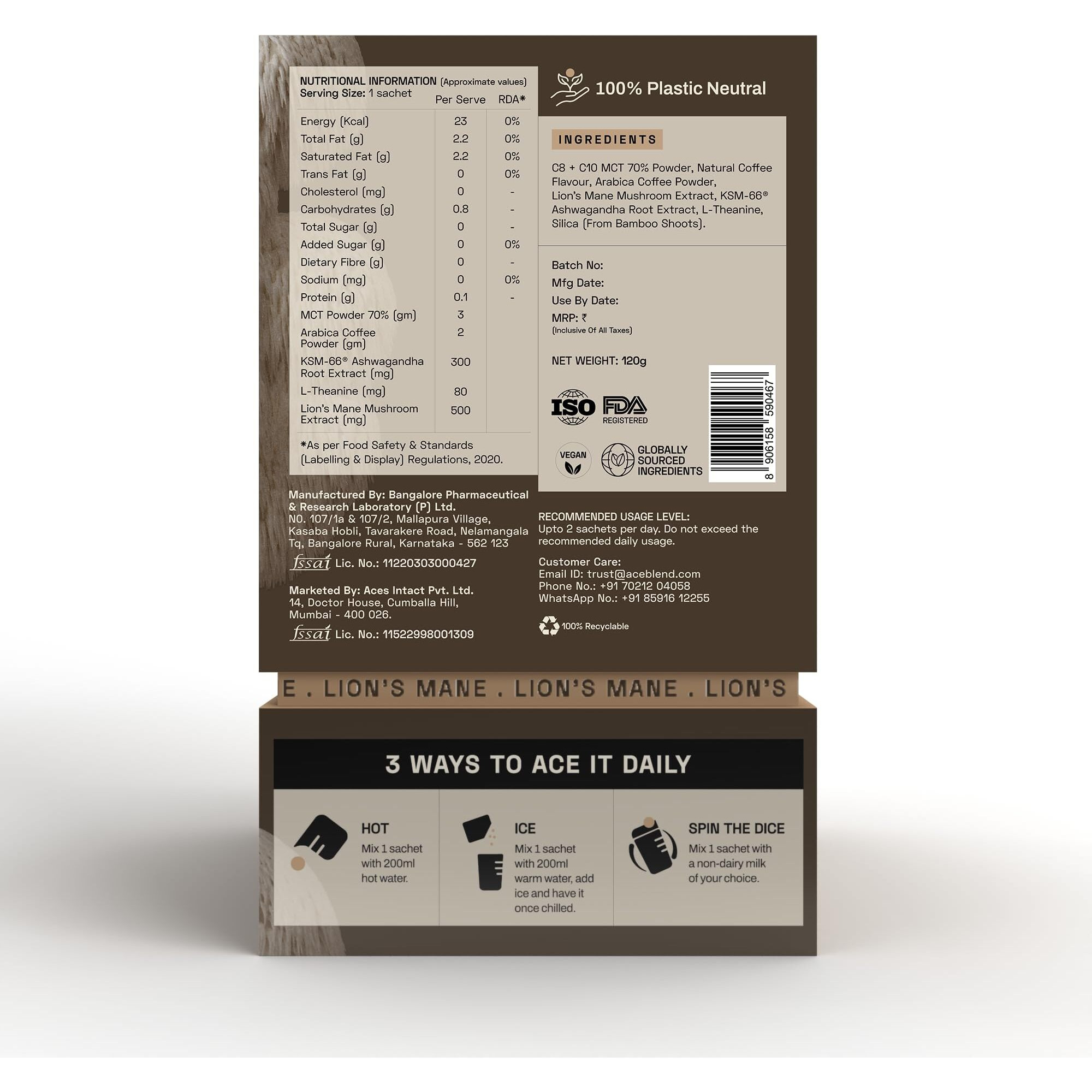 Ace Blend Lions Mane SHROOM COFFEE | 15 serves | Mushroom Coffee | KSM 66 Ashwagandha | L-Theanine | MCT | Focus | Memory | 100% Arabica | Instant Black Coffee | Keto | Cold/Hot Brew