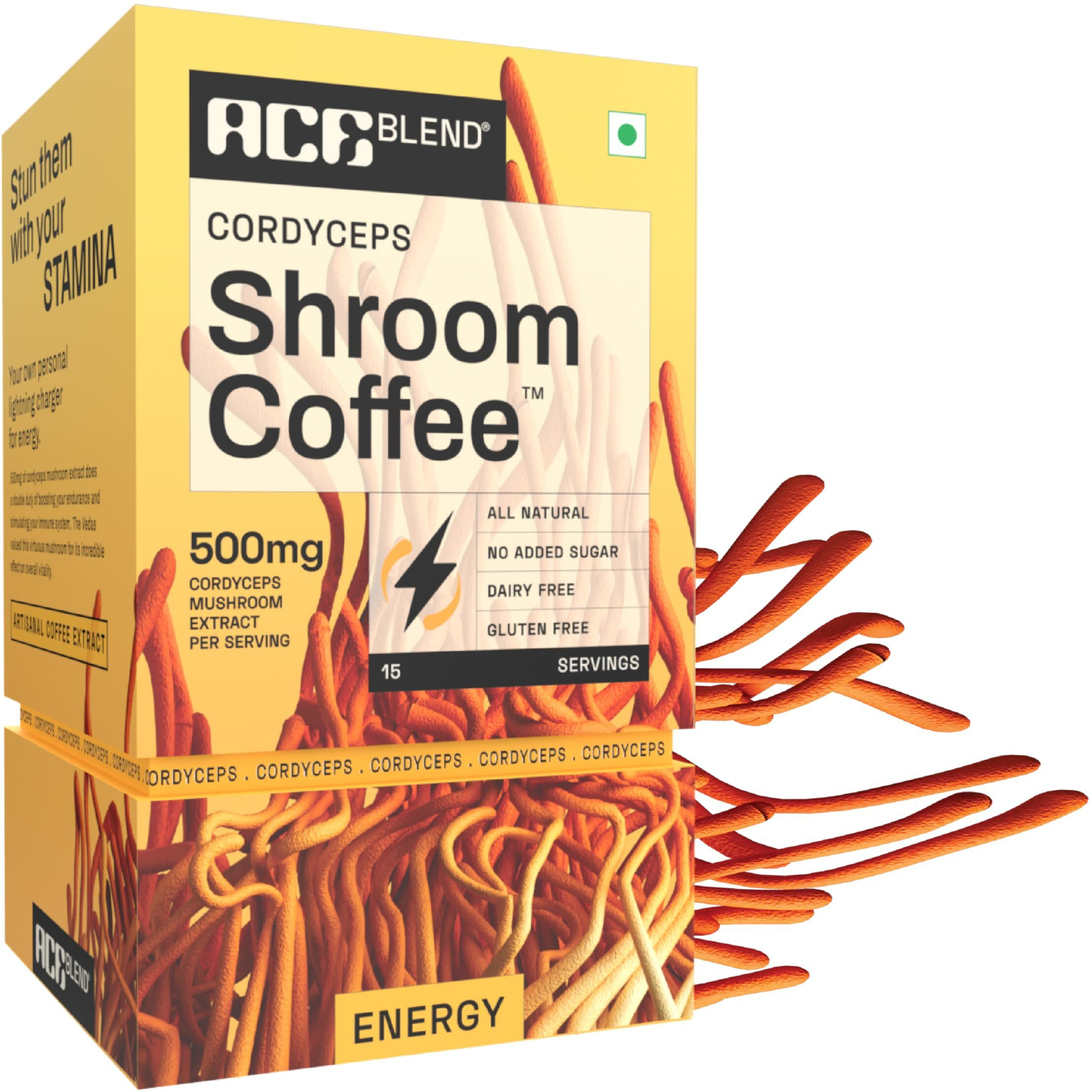 Ace Blend Cordyceps SHROOM COFFEE | 15 serves | Mushroom Coffee | KSM 66 Ashwagandha | L-Theanine | MCT | Immunity | Energy | 100% Arabica | Instant Black Coffee | Fasting Friendly | Cold/Hot Brew