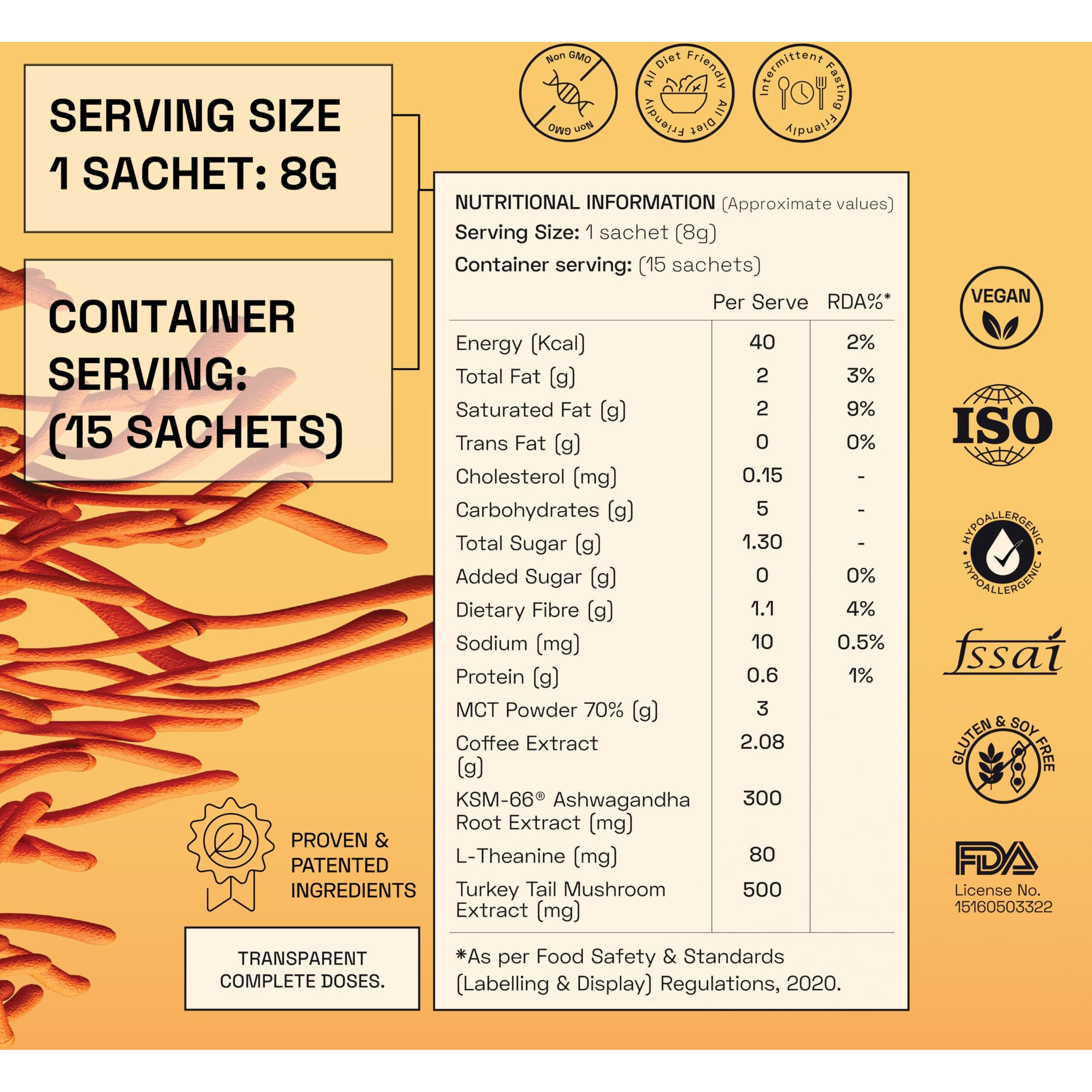 Ace Blend Cordyceps SHROOM COFFEE | 15 serves | Mushroom Coffee | KSM 66 Ashwagandha | L-Theanine | MCT | Immunity | Energy | 100% Arabica | Instant Black Coffee | Fasting Friendly | Cold/Hot Brew