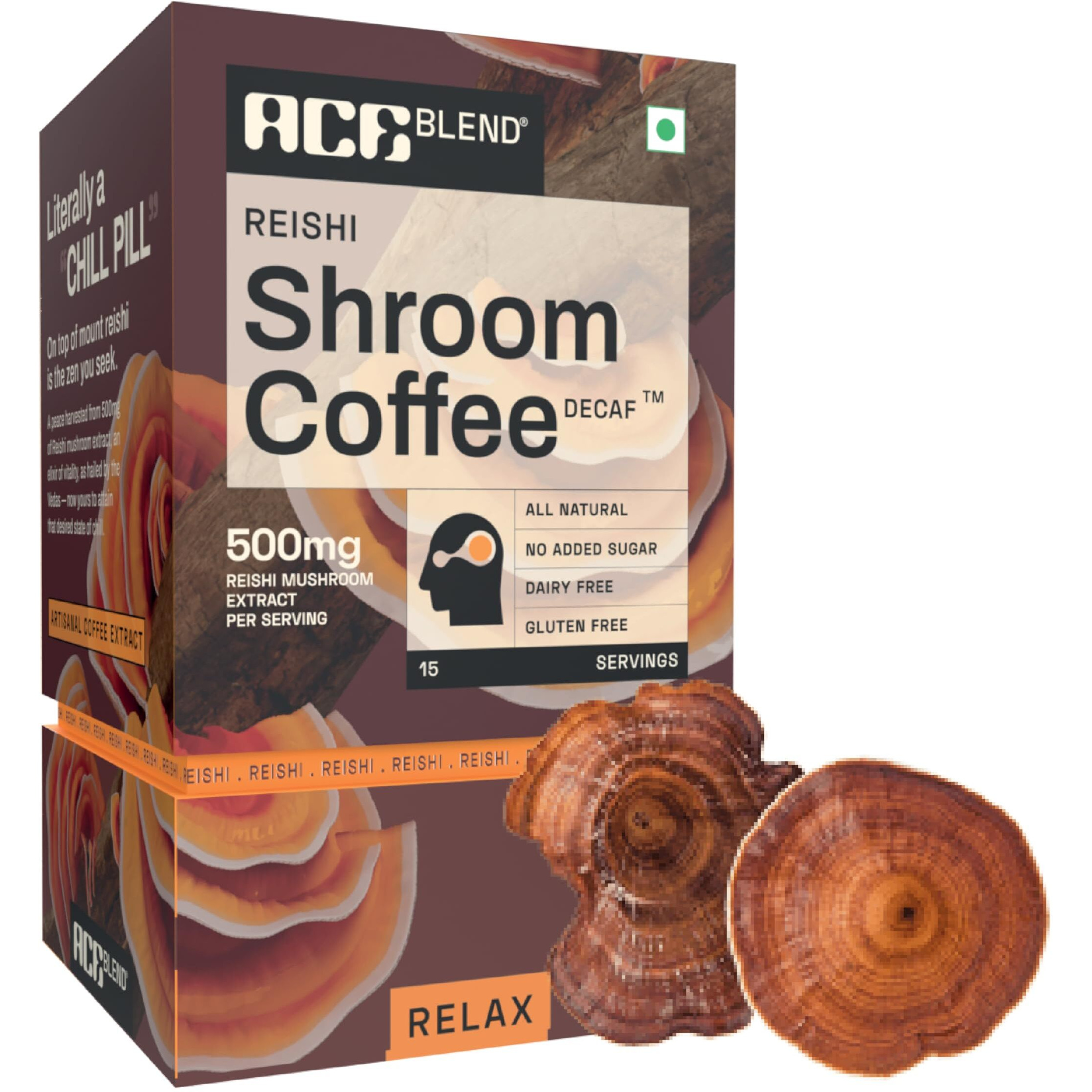 Ace Blend Reishi SHROOM COFFEE | 5 serves | Decaf Mushroom Coffee | KSM 66 Ashwagandha | L-Theanine | MCT | Relax | Deep Sleep | 100% Arabica | Instant Black Coffee | Keto | Cold/Hot Brew
