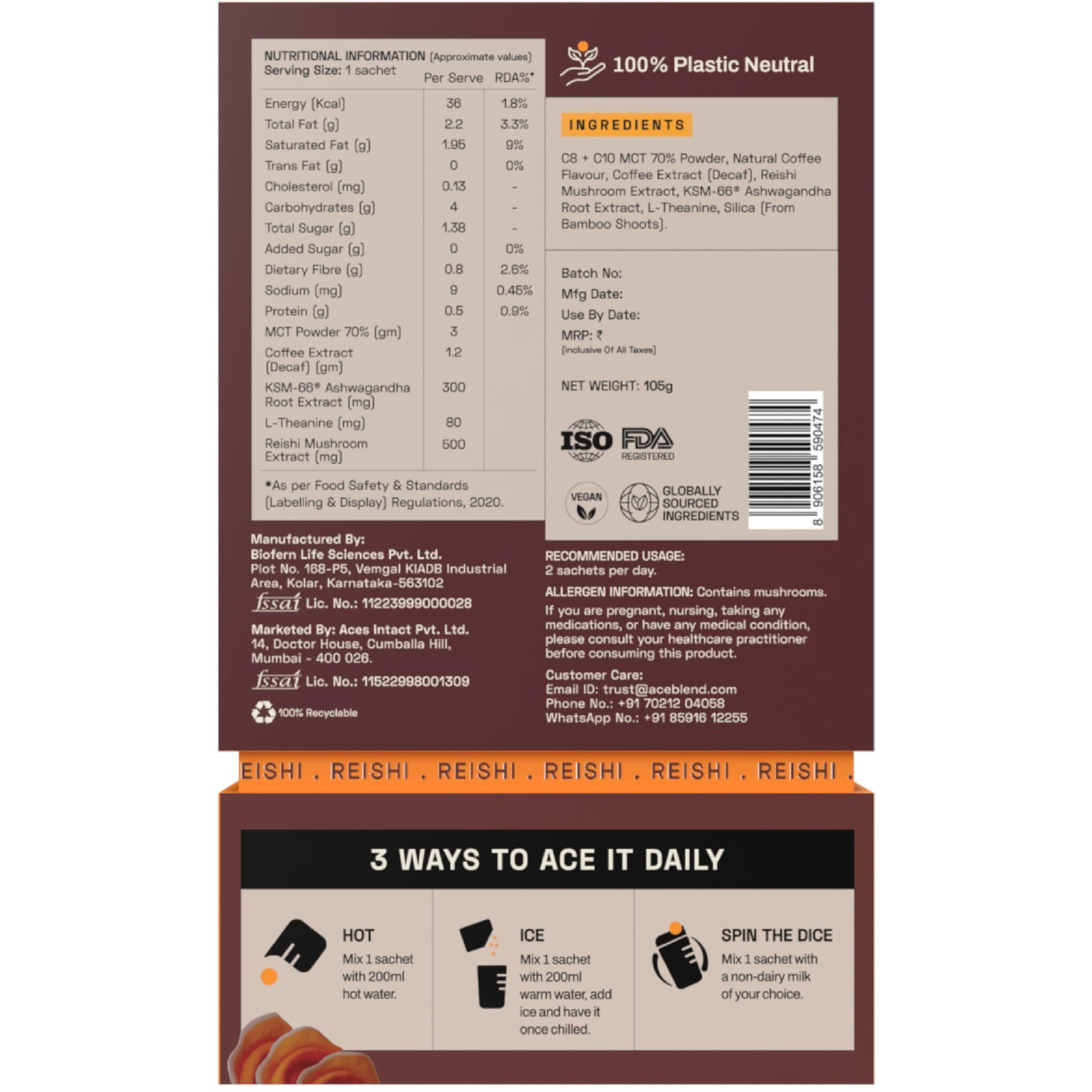 Ace Blend Reishi SHROOM COFFEE | 5 serves | Decaf Mushroom Coffee | KSM 66 Ashwagandha | L-Theanine | MCT | Relax | Deep Sleep | 100% Arabica | Instant Black Coffee | Keto | Cold/Hot Brew