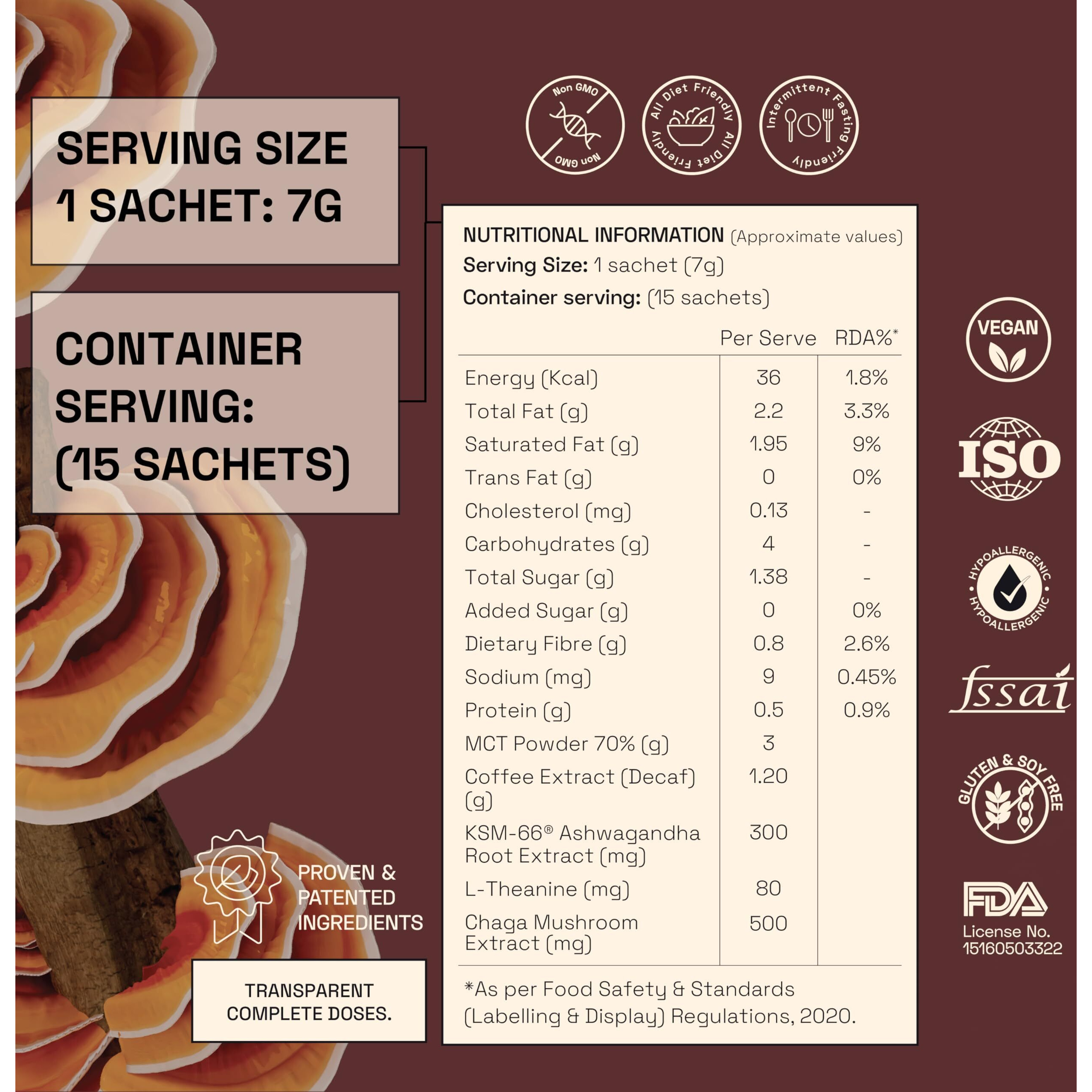 Ace Blend Reishi SHROOM COFFEE | 5 serves | Decaf Mushroom Coffee | KSM 66 Ashwagandha | L-Theanine | MCT | Relax | Deep Sleep | 100% Arabica | Instant Black Coffee | Keto | Cold/Hot Brew