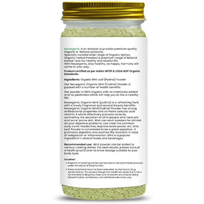 Neuwganic - Organic Mint Leaf Powder - Pudina Powder - India Organic and Usda Organic Certified - Ideal for Cooking, Seasoning & Cosmetics Use - 200 Gm Pack of 1