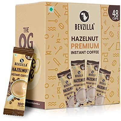 Bevzilla 48 Instant Coffee Powder Sachets (Hazelnut) - 96 Grams| Hot & Cold Coffee| Makes 48 Cups| 100% Arabica Coffee| Strong Coffee| Easy To Carry| Best Coffee| Espresso, Latte, Cappuccino