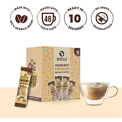Bevzilla 48 Instant Coffee Powder Sachets (Hazelnut) - 96 Grams| Hot & Cold Coffee| Makes 48 Cups| 100% Arabica Coffee| Strong Coffee| Easy To Carry| Best Coffee| Espresso, Latte, Cappuccino