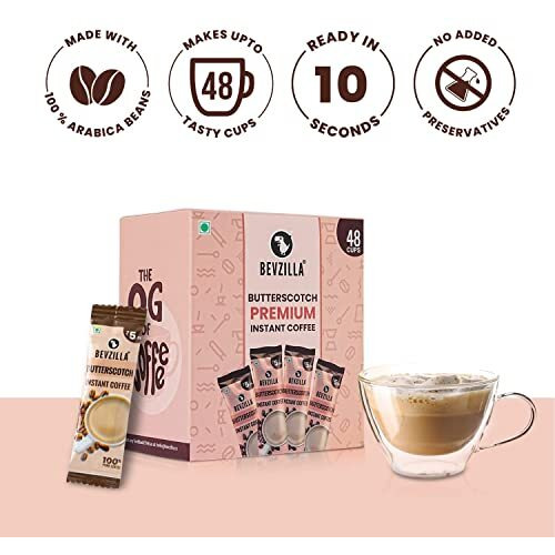 Bevzilla 48 Instant Coffee Powder Sachets (Butterscotch) - 96 Grams| Hot & Cold Coffee| Makes 48 Cups| 100% Arabica Coffee| Strong Coffee| Easy To Carry| Best Coffee| Espresso, Latte, Cappuccino
