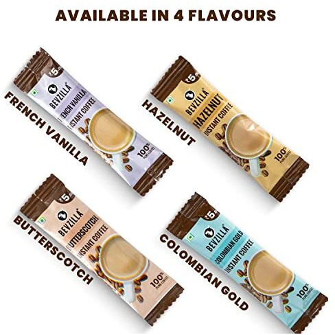 Bevzilla 48 Instant Coffee Powder Sachets (Butterscotch) - 96 Grams| Hot & Cold Coffee| Makes 48 Cups| 100% Arabica Coffee| Strong Coffee| Easy To Carry| Best Coffee| Espresso, Latte, Cappuccino