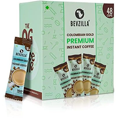 Bevzilla 48 Instant Coffee Powder Sachets (Colombian Gold) - 96 Grams| Hot & Cold Coffee| Makes 48 Cups| 100% Arabica Coffee| Strong Coffee| Easy To Carry| Best Coffee| Espresso, Latte, Cappuccino
