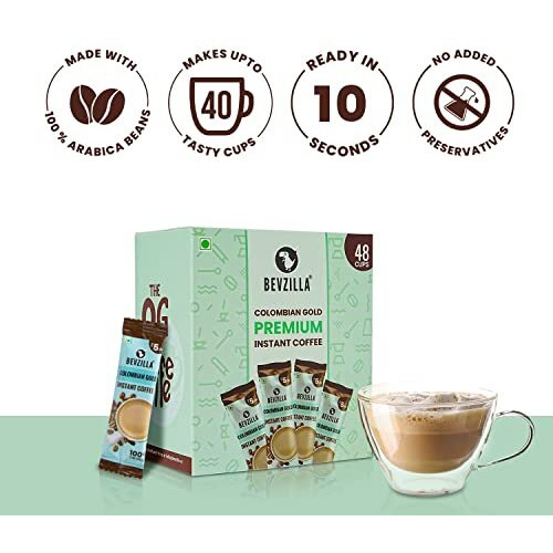 Bevzilla 48 Instant Coffee Powder Sachets (Colombian Gold) - 96 Grams| Hot & Cold Coffee| Makes 48 Cups| 100% Arabica Coffee| Strong Coffee| Easy To Carry| Best Coffee| Espresso, Latte, Cappuccino