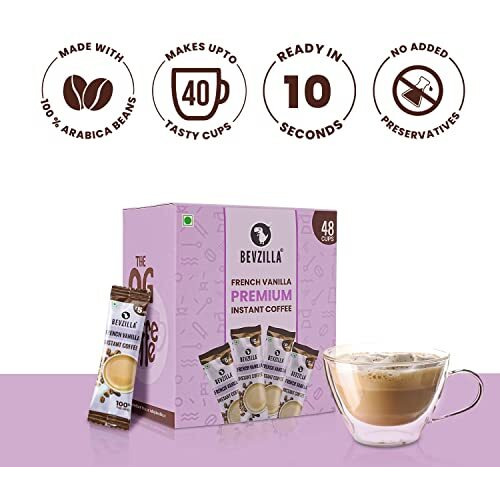Bevzilla 48 Instant Coffee Powder Sachets (French Vanilla) - 96 Grams| Hot & Cold Coffee| Makes 48 Cups| 100% Arabica Coffee| Strong Coffee| Easy To Carry| Best Coffee| Espresso, Latte, Cappuccino