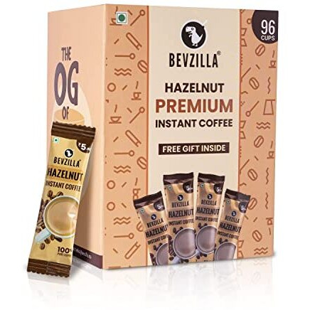 Bevzilla 96 Instant Coffee Powder Sachets (Hazelnut) - 192 Grams| Hot & Cold Coffee| Makes 96 Cups| 100 % Arabica Coffee| Strong Coffee| Easy To Carry| Best Coffee| Espresso, Latte, Cappuccino| Premium