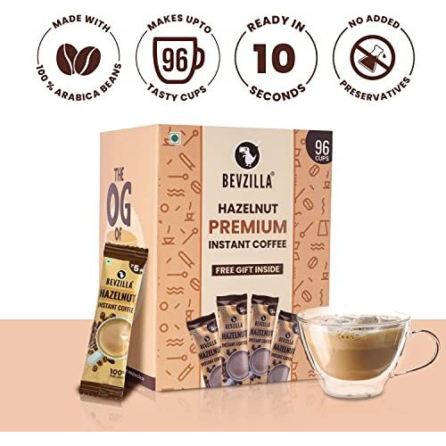 Bevzilla 96 Instant Coffee Powder Sachets (Hazelnut) - 192 Grams| Hot & Cold Coffee| Makes 96 Cups| 100 % Arabica Coffee| Strong Coffee| Easy To Carry| Best Coffee| Espresso, Latte, Cappuccino| Premium