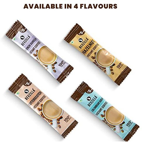 Bevzilla 96 Instant Coffee Powder Sachets (Hazelnut) - 192 Grams| Hot & Cold Coffee| Makes 96 Cups| 100 % Arabica Coffee| Strong Coffee| Easy To Carry| Best Coffee| Espresso, Latte, Cappuccino| Premium