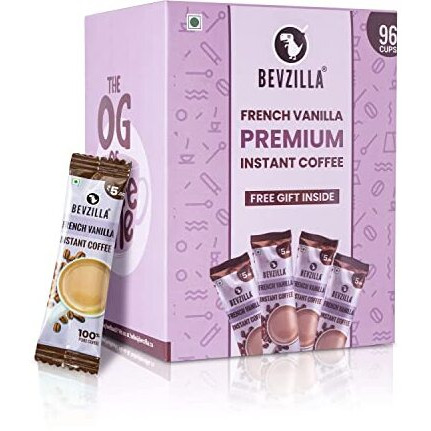 Bevzilla 96 Instant Coffee Powder Sachets (French Vanilla) - 192 Grams| Hot & Cold Coffee| Makes 96 Cups| 100 % Arabica Coffee| Strong Coffee| Easy To Carry| Best Coffee| Espresso, Latte, Cappuccino| Premium