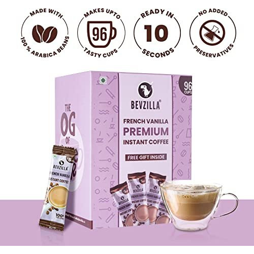 Bevzilla 96 Instant Coffee Powder Sachets (French Vanilla) - 192 Grams| Hot & Cold Coffee| Makes 96 Cups| 100 % Arabica Coffee| Strong Coffee| Easy To Carry| Best Coffee| Espresso, Latte, Cappuccino| Premium