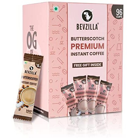 Bevzilla 96 Instant Coffee Powder Sachets (Butterscotch) - 192 Grams| Hot & Cold Coffee| Makes 96 Cups| 100 % Arabica Coffee| Strong Coffee| Easy To Carry| Best Coffee| Espresso, Latte, Cappuccino| Premium
