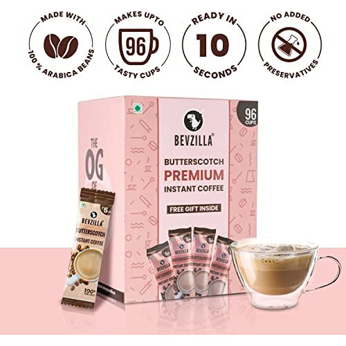 Bevzilla 96 Instant Coffee Powder Sachets (Butterscotch) - 192 Grams| Hot & Cold Coffee| Makes 96 Cups| 100 % Arabica Coffee| Strong Coffee| Easy To Carry| Best Coffee| Espresso, Latte, Cappuccino| Premium