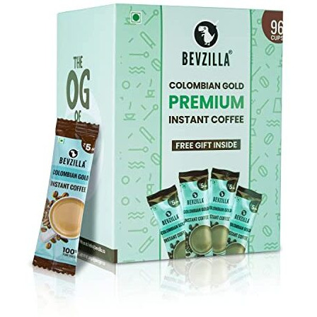 Bevzilla 96 Instant Coffee Powder Sachets (Colombian Gold) - 192 Grams| Hot & Cold Coffee| Makes 96 Cups| 100 % Arabica Coffee| Strong Coffee| Easy To Carry| Best Coffee| Espresso, Latte, Cappuccino| Premium